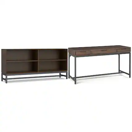 Front. Simpli Home - Banting 60 inch Desk and 64 inch Bookcase - Walnut Brown.