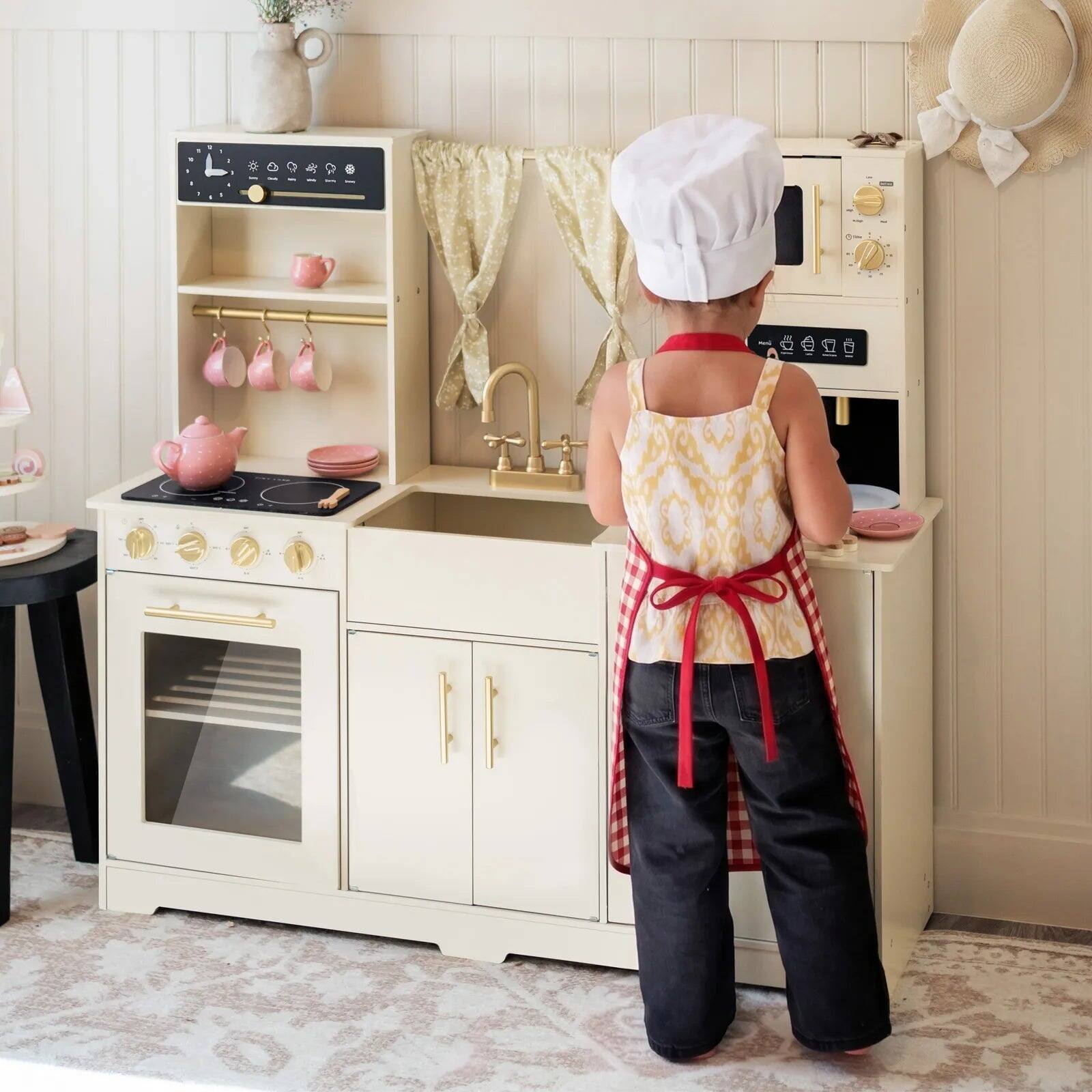 Angle. Tiny Land - Kids Wooden Play Kitchen Set 43", Pretend Cooking Toy with Oven, Sink, Microwave, Coffee Maker, Chef Hat & Apron, Age 3+ - White.