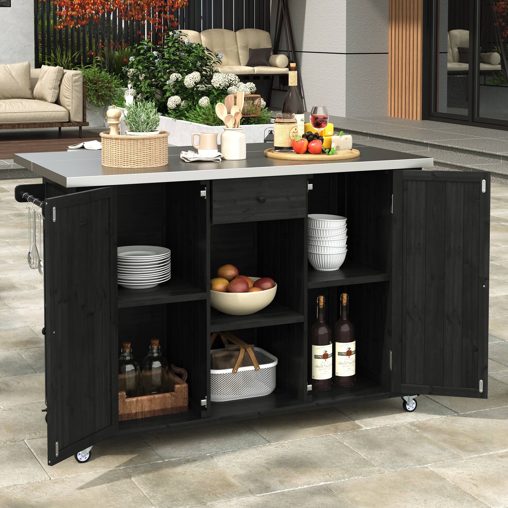 Left. Mondawe - Fir Wood Outdoor Kitchen Island with Stainless Steel Top, Towel and Spice Racks and a Bottle Opener - Black.
