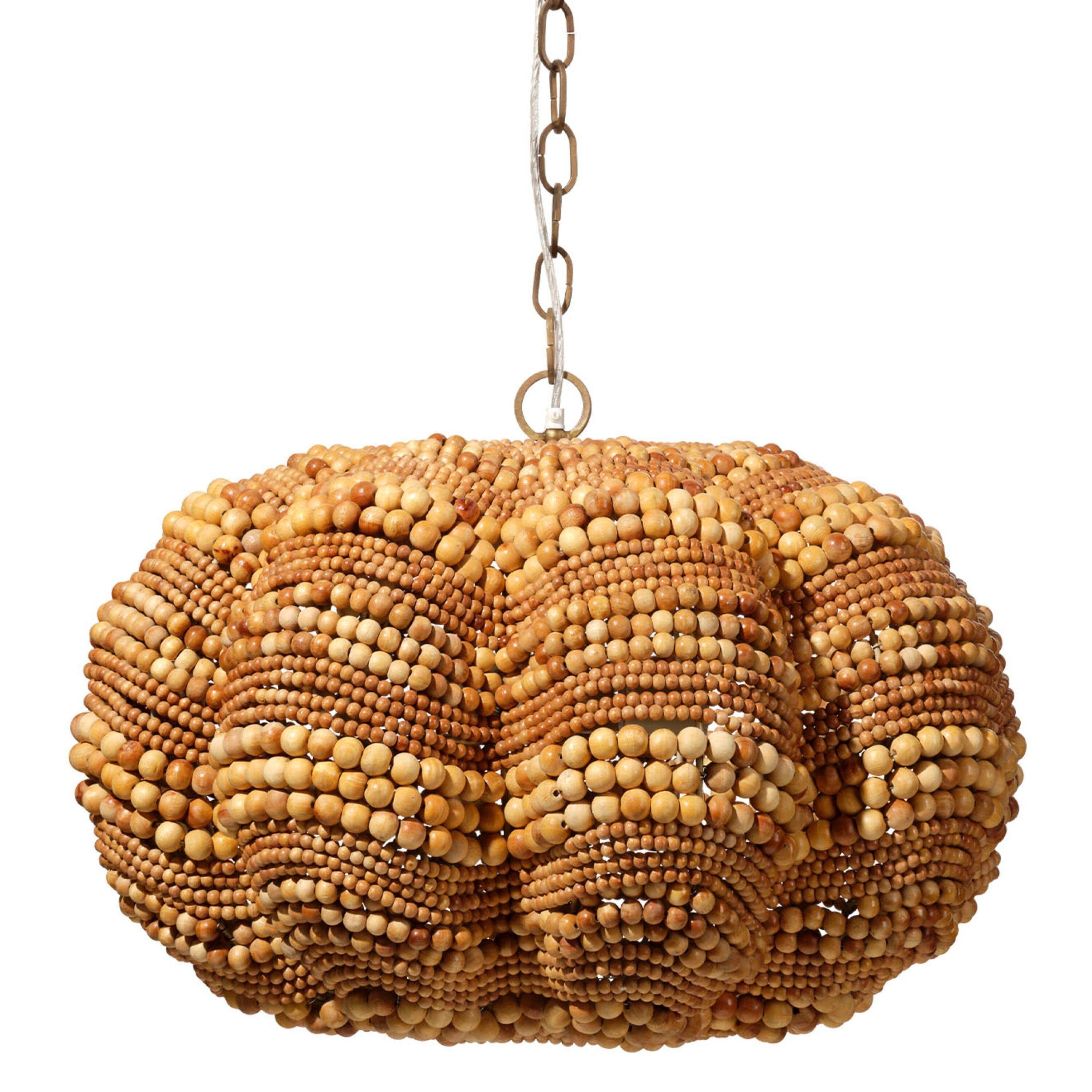 Front. Manhattan Lane - Fero Chandelier, Natural Brown Handcarved Mango Wood Beads, 27 Inch - Natural Brown, Chrome.