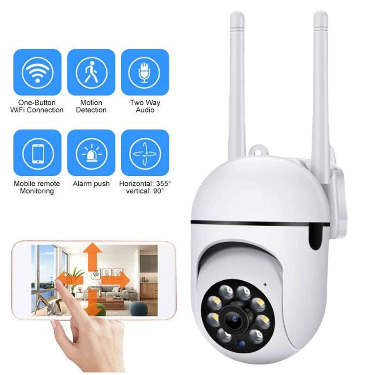 One-Button WiFi Connection  
Motion Detection  
Two Way Audio  
Mobile remote Monitoring  
Alarm push  
Horizontal: 355°  
Vertical: 90°