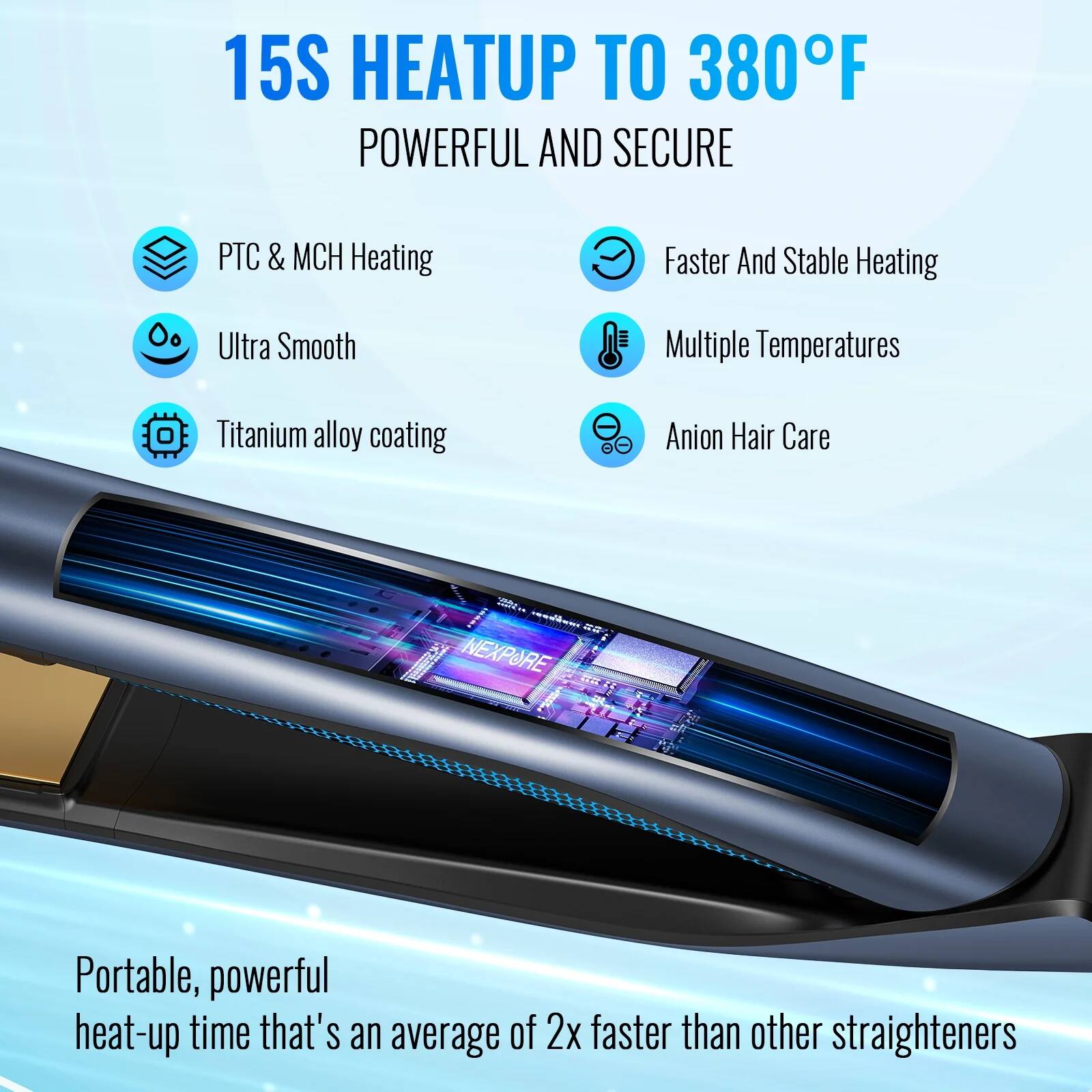 15S HEATUP TO 380°F  
POWERFUL AND SECURE  

- PTC & MCH Heating  
- Ultra Smooth  
- Titanium alloy coating  
- Faster And Stable Heating  
- Multiple Temperatures  
- Anion Hair Care  

Portable, powerful heat-up time that's an average of 2x faster than other straighteners