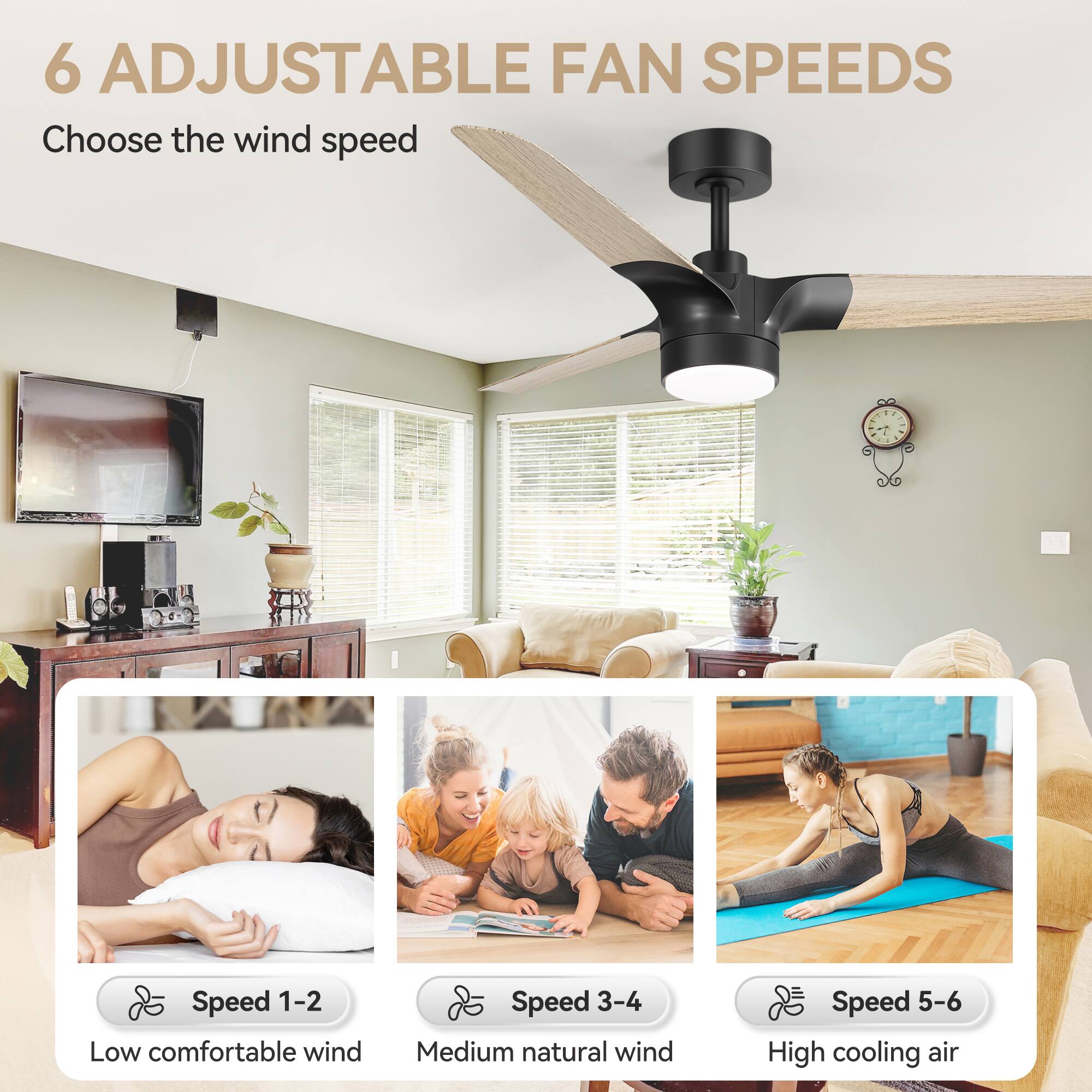 6 ADJUSTABLE FAN SPEEDS Choose the wind speed - Speed 1-2 Low comfortable wind - Speed 3-4 Medium natural wind - Speed 5-6 High cooling air