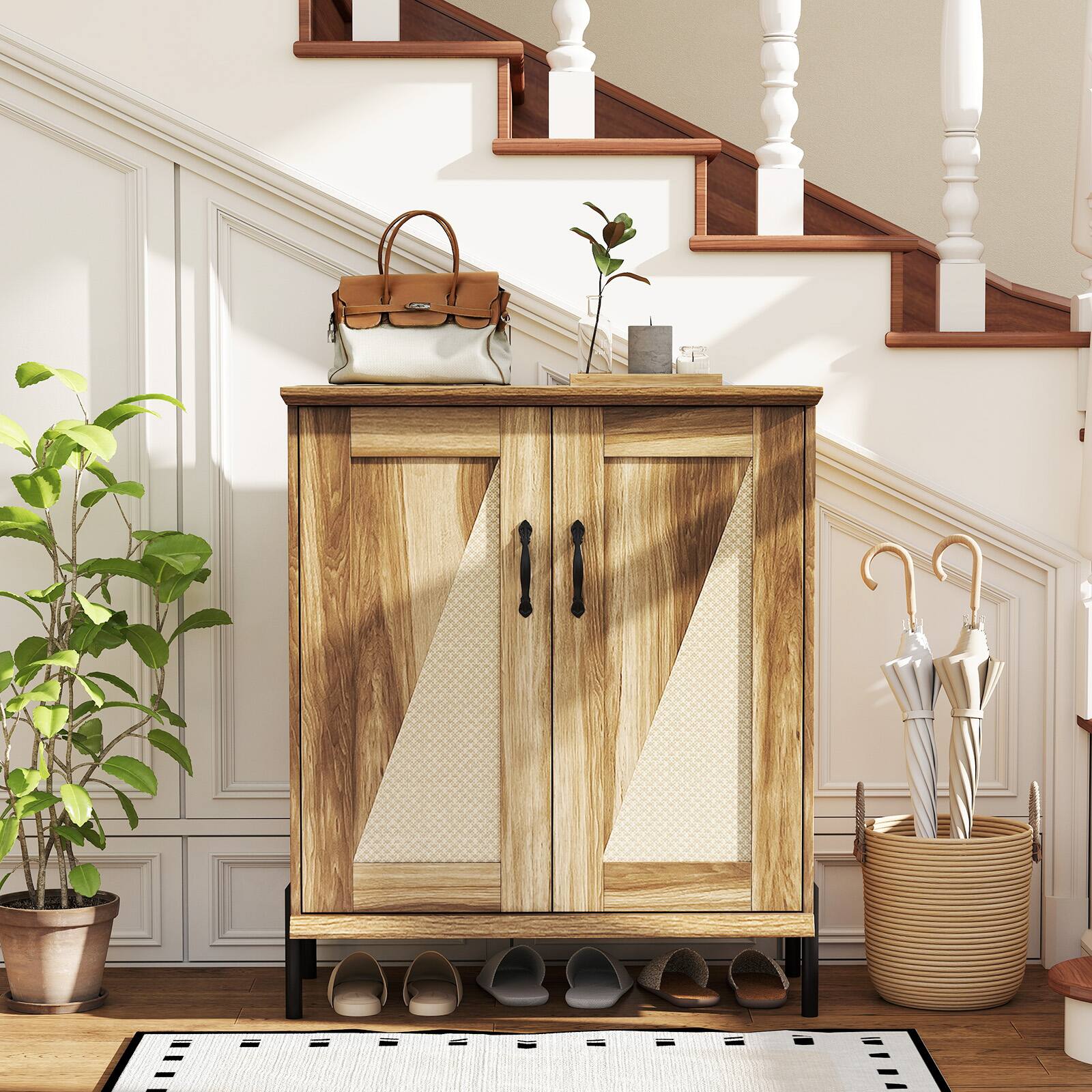 Alt View 1. Costway - Costway 5-Tier Farmhouse Shoe Cabinet with Woven Rattan Doors, Removable Shelves for Closet - Natural.