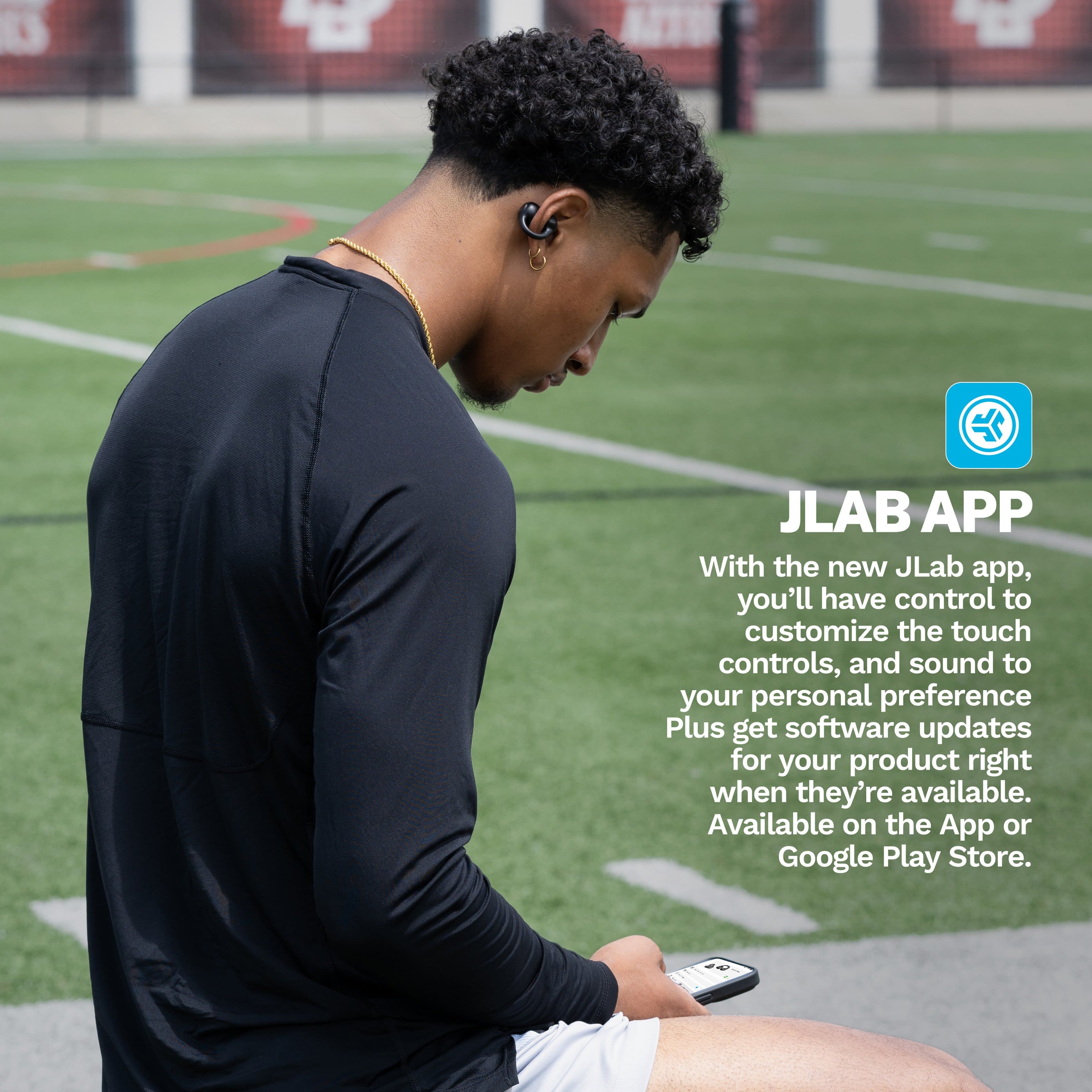 The text on the image reads: "JLAB APP With the new JLab app, you'll have control to customize the touch controls, and sound to your personal preference Plus get software updates for your product right when they're available. Available on the App or Google Play Store."