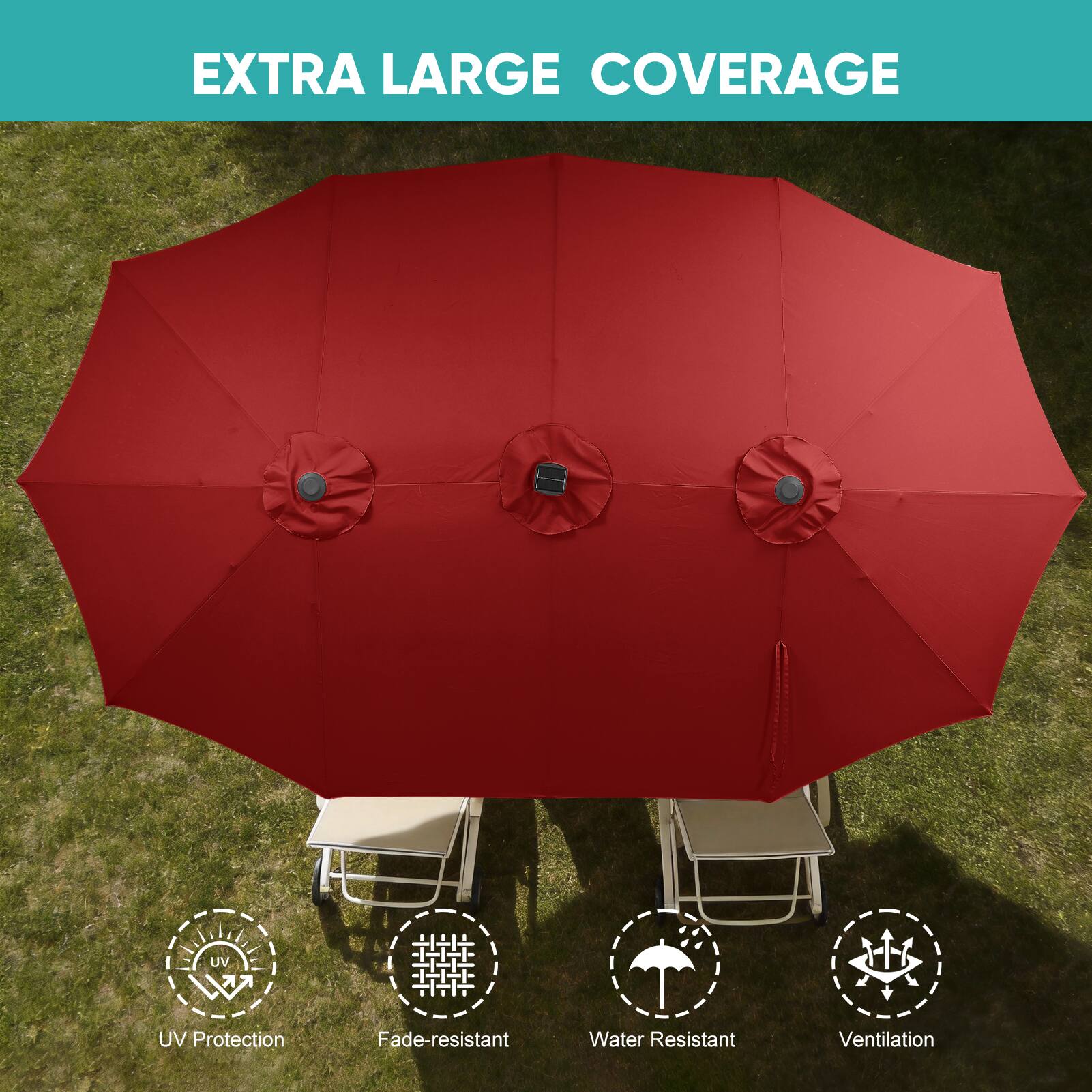 EXTRA LARGE COVERAGE

- UV Protection
- Fade-resistant
- Water Resistant
- Ventilation