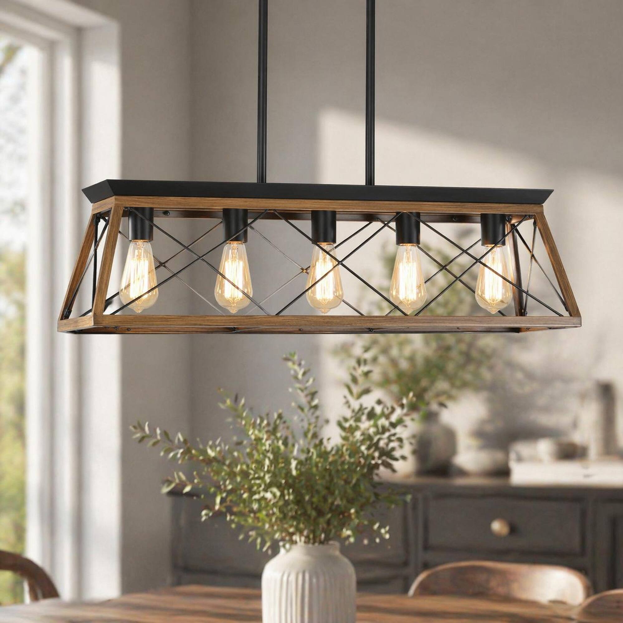 Front. RYHNUYNE - 32" Industrial Kitchen Island Lighting, Linear Lighting Fixture for Dining Room Kitchen - Walnut.