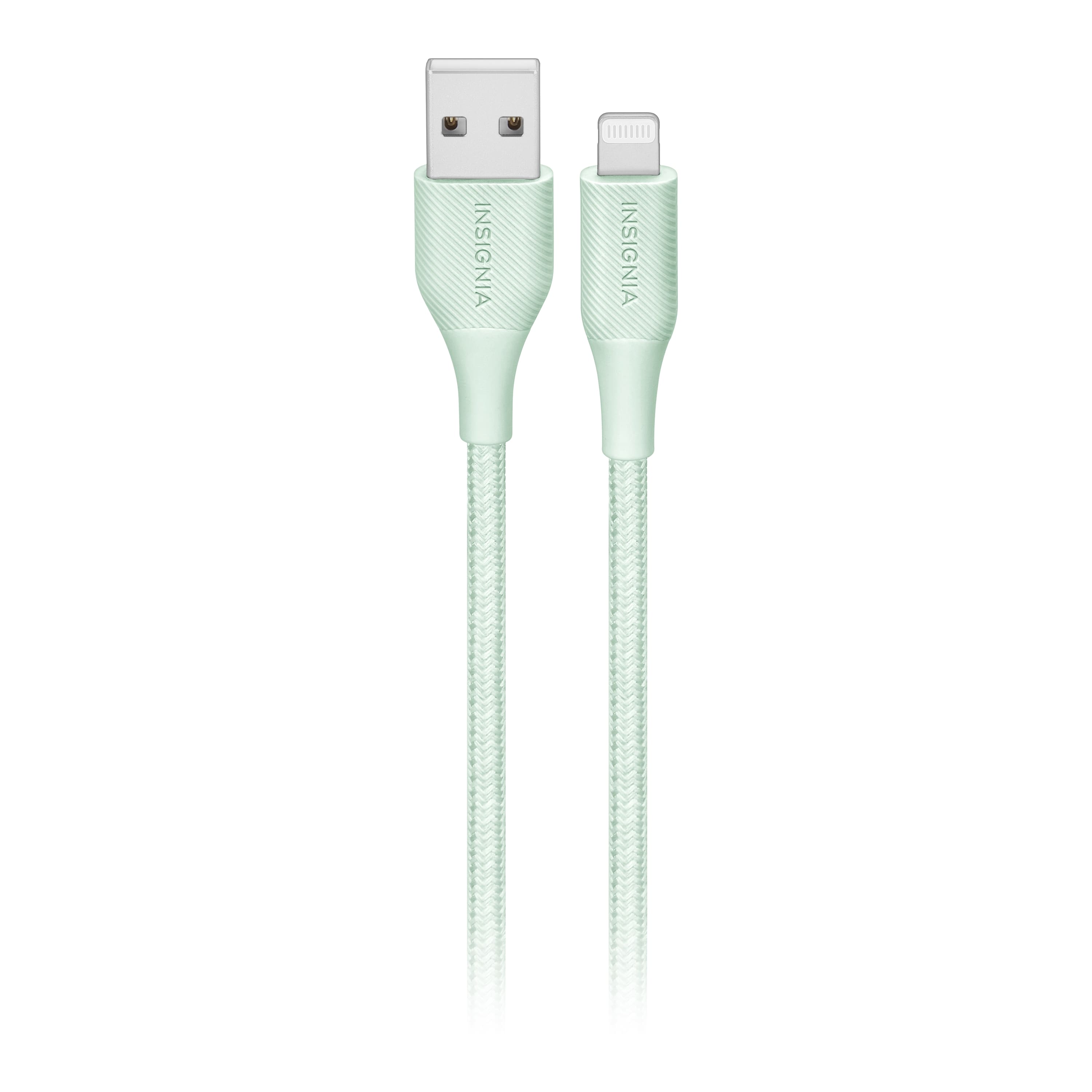 The image features a white background with two green cords, one of which is an Apple iPhone charger. The cords are connected to a device, and the charger is plugged into the device. The cords are made of a light green material, and they are both of the same length. The charger is designed to charge the device, and it is compatible with the Apple iPhone.