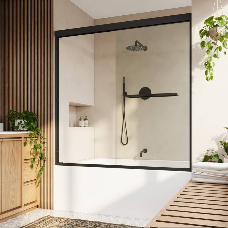 Angle. WELLFOR - 56-60 in W x 60 in H Framed Shower Door with Double Sliding & Stainless Steel Towel Bar Handle, 1/4" Tempered Glass - Matte Black.