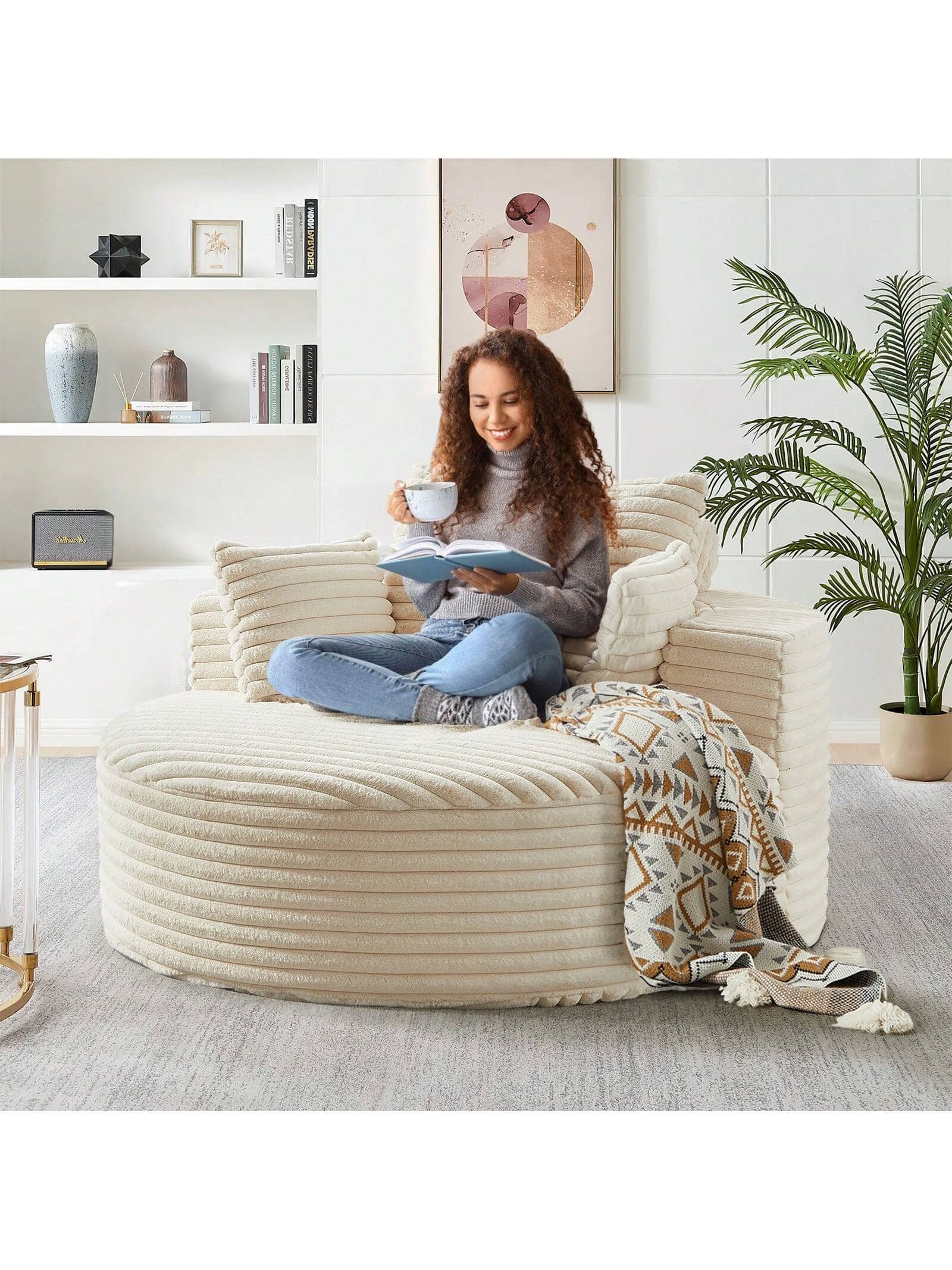 Trinkets Crazed - 55" L Corduroy Sponge Single Sofa, Oversized Round Chair,Fluffy Modern Sleeper Chair - Beige