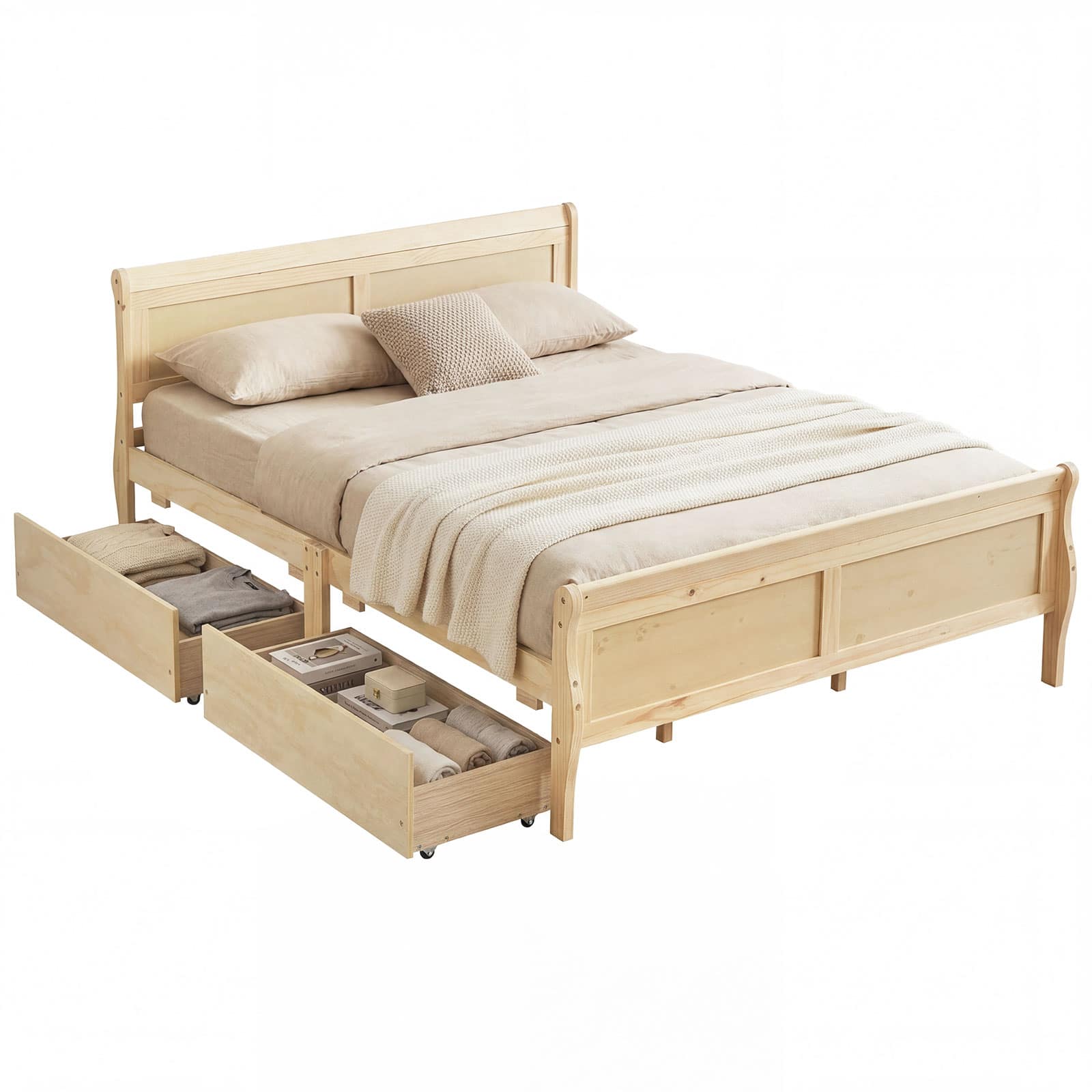 Costway - Queen Size Bed Frame with Storage Drawers, Wood Platform Bed with Headboard Footboard - Natural