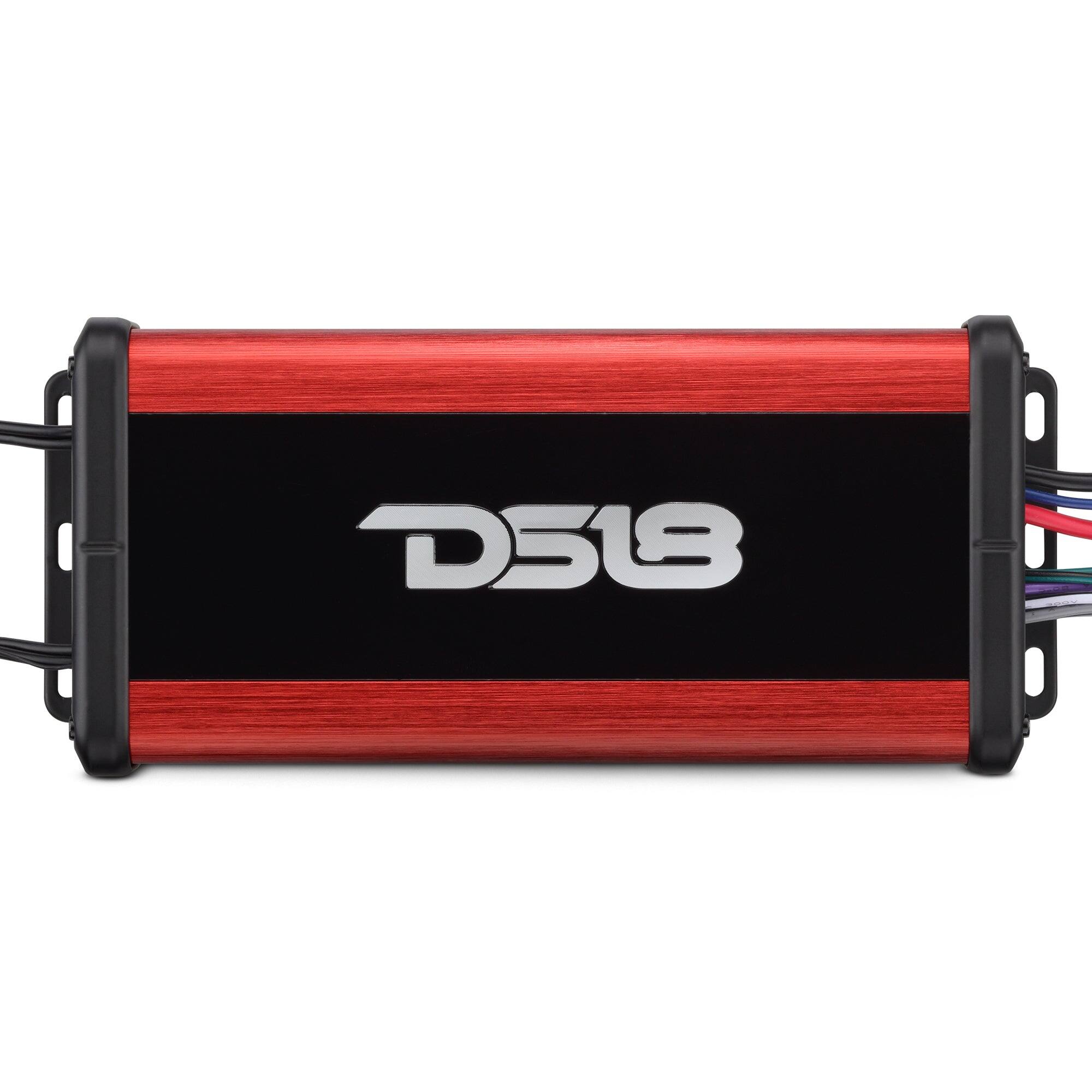 Front. DS18 Audio - NXL-N 4-Channel Class D Nano Car Amplifier with Marine Rating and Built-in Bluetooth, 4 x 100W RMS at 4 Ohm - Black/Red.