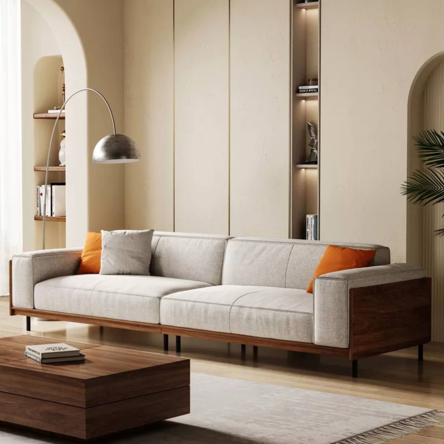 Alt View 2. luck idea - 111.81" Mid-Century Modern Sofa, 4-Seater Fabric Couch with Solid Wood Frame, Cotton-Linen Upholstery, Walnut Accents & - GRAY.