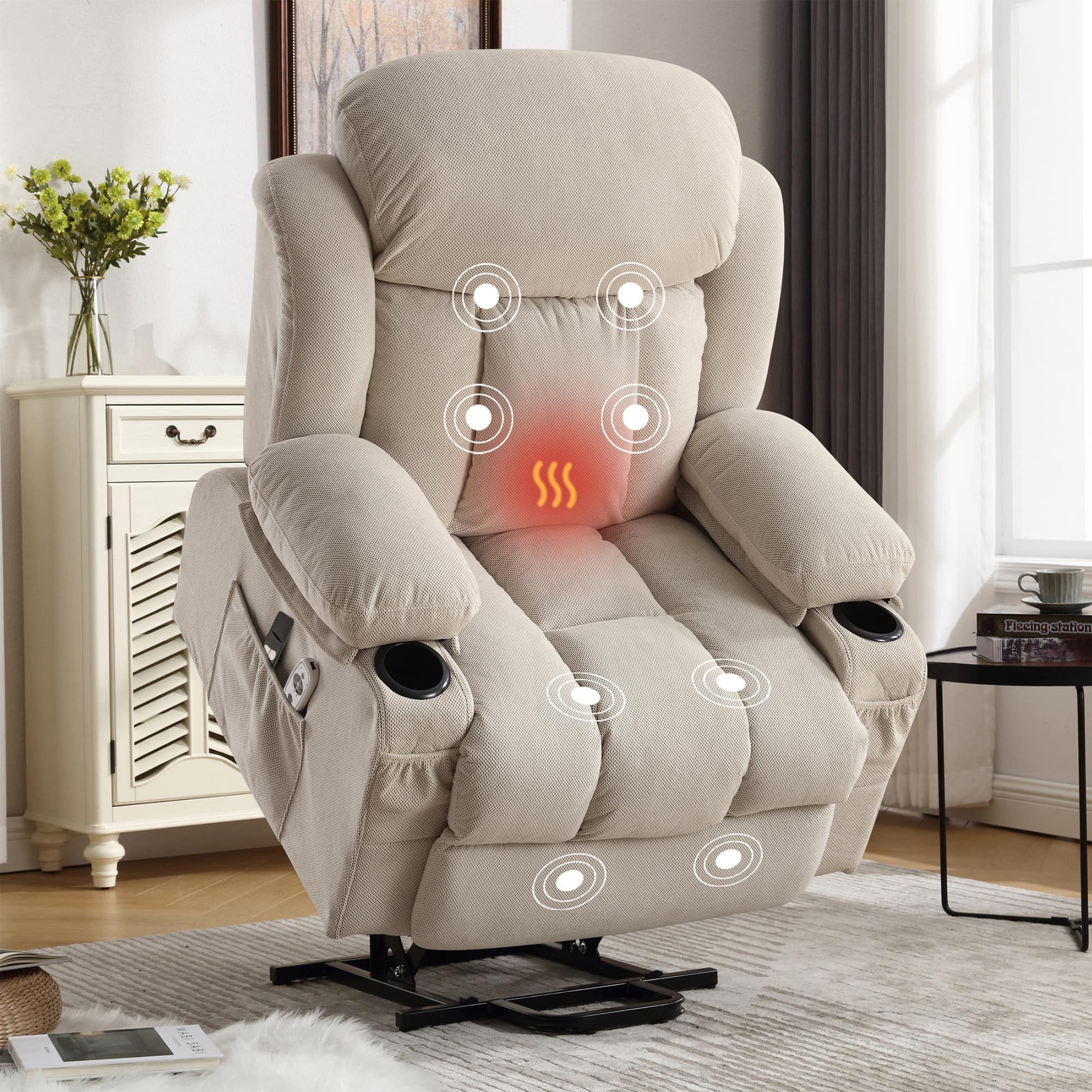 Anysun - Velvet Power Lift Recliner with Heat & Massage - Side Pocket, USB Port & Remote Control for Elderly - Beige