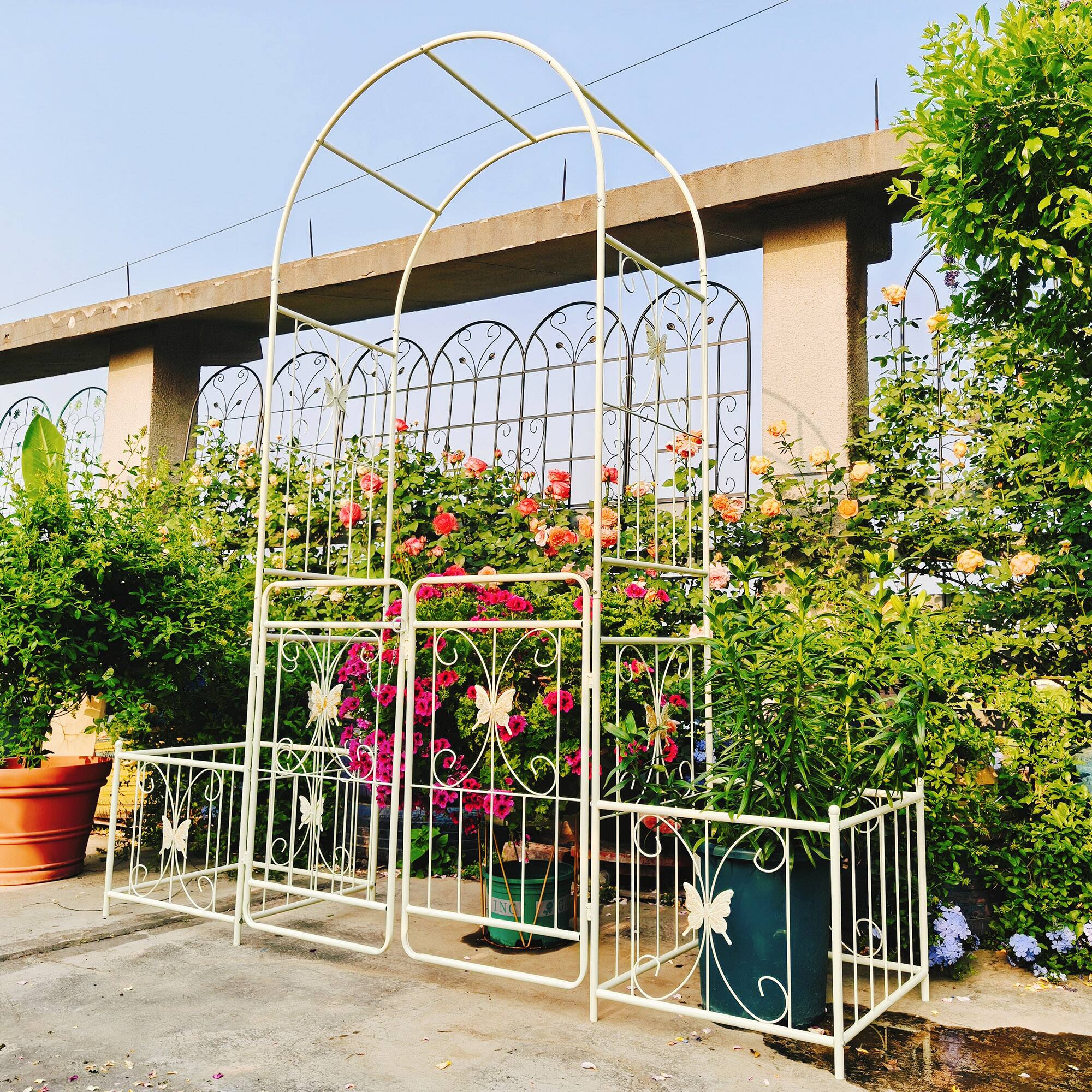 Back. Loheer - 6.63 ft W x 7.22 ft H Metal Garden Arch with Gate Rose Trellis for Outdoor Garden - Creamy White.