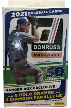 AGES 9+ BASEBALL CARDS 2021 DONRUSS BASEBALL CLAYTON KERSHAW 50 CARDS PER BOX EXCLUSIVE: HANGER BOX EXCLUSIVE: FIND 6 HOLO ORANGE AND DIAMOND PARALLELS! 2 DIAMOND PER BOX, ON AVERAGE NO PURCHASE NECESSARY - SEE PACK FOR DETAILS