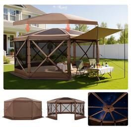 VEVOR - Pop up Gazebo Screen Tent, 15 x 15 ft Large 8-Sided Camping Canopy Tent with Removable Top & Carry Bag - Brown