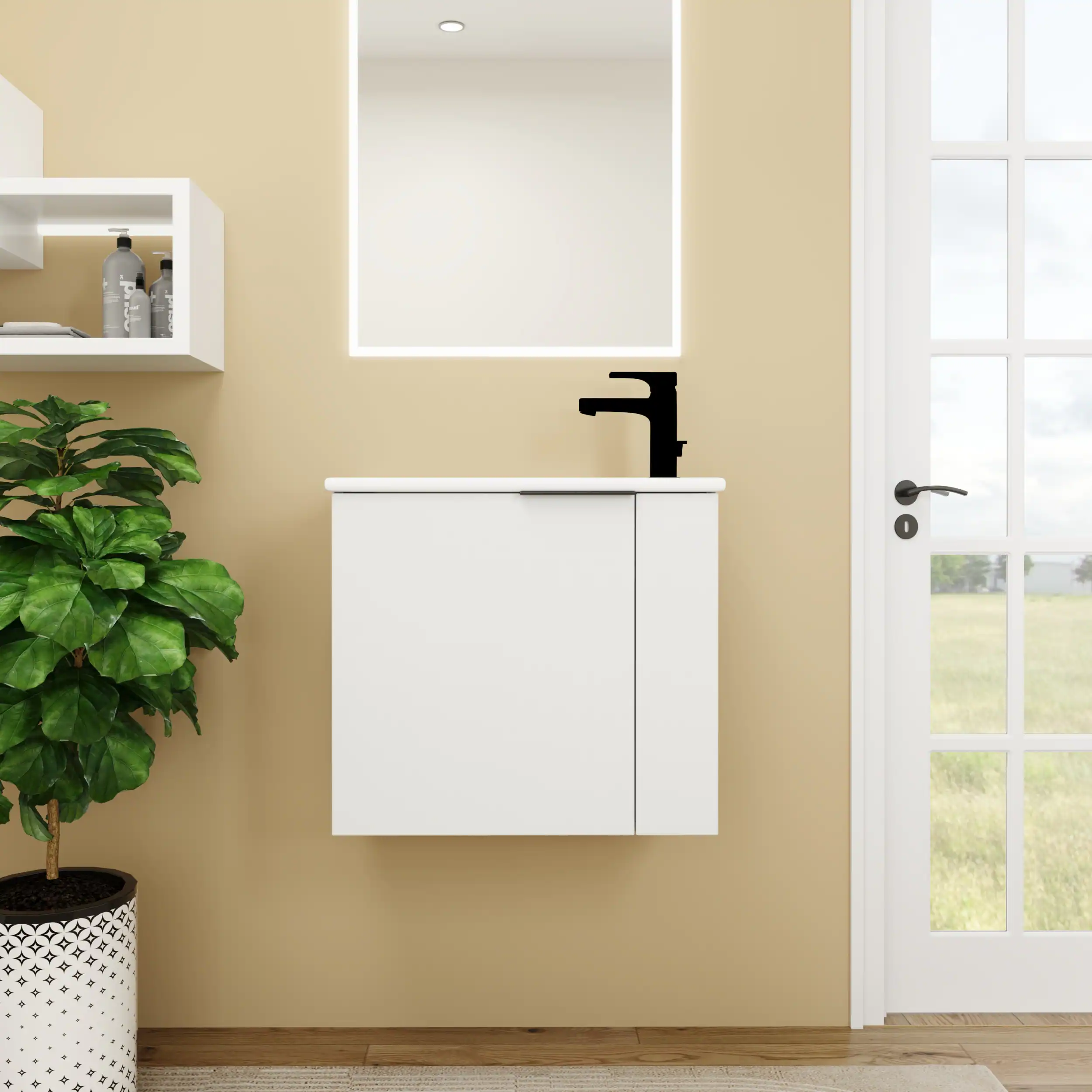 Angle. ELEMENT ACE - Compact Floating Bathroom Vanity with Ceramic Sink and Soft Close Doors Perfect for Small Spaces - White.
