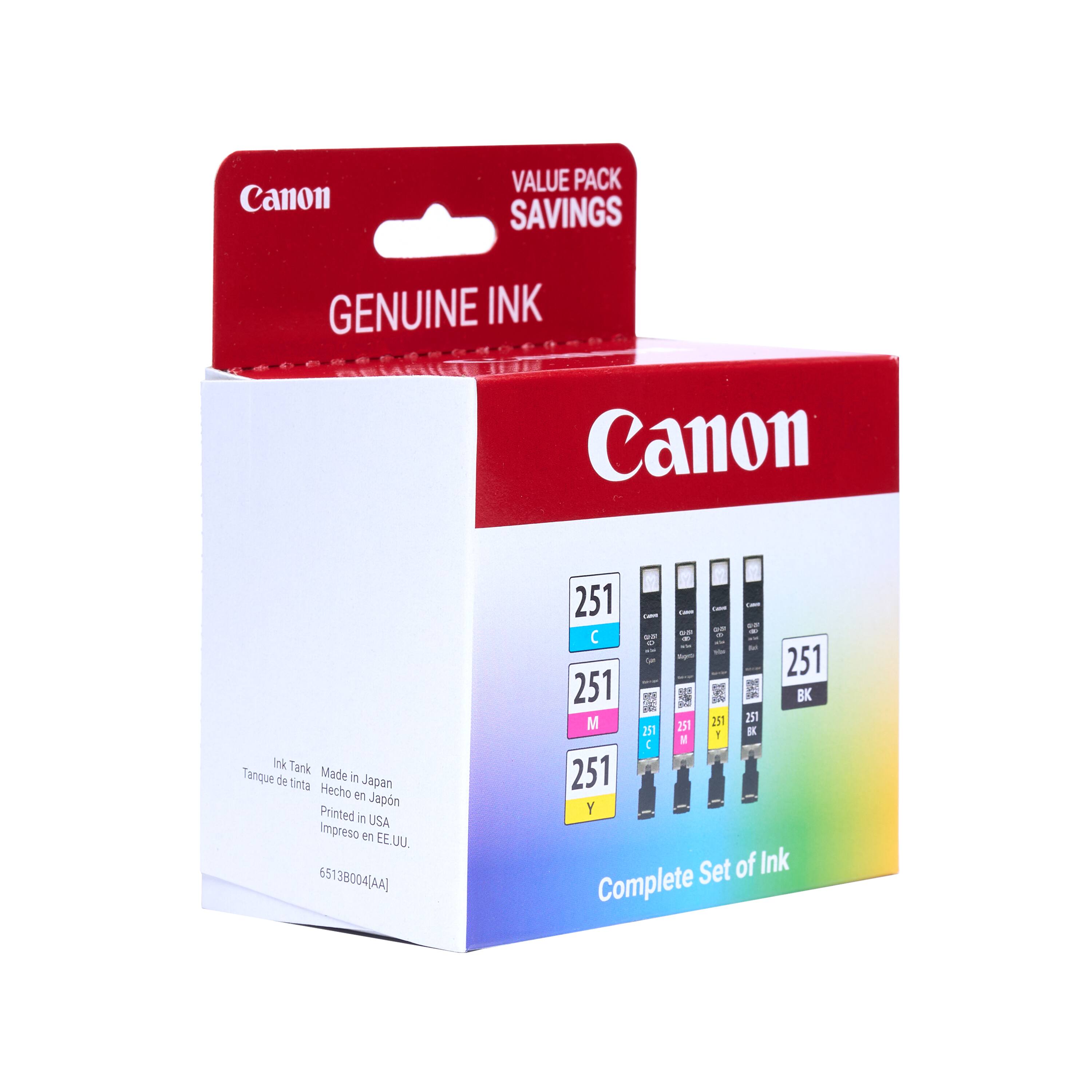 Canon Value Pack Savings Genuine Ink Canon Ink Tanque de Made in Japan en Japn Printed in USA Impreso en EE E.UU. 65138004(AA) 251 ! C - 251 251 g 5 5 cm BK dd a M 251 251 151 251 I 1 C M 251 Y Set of Ink Complete.