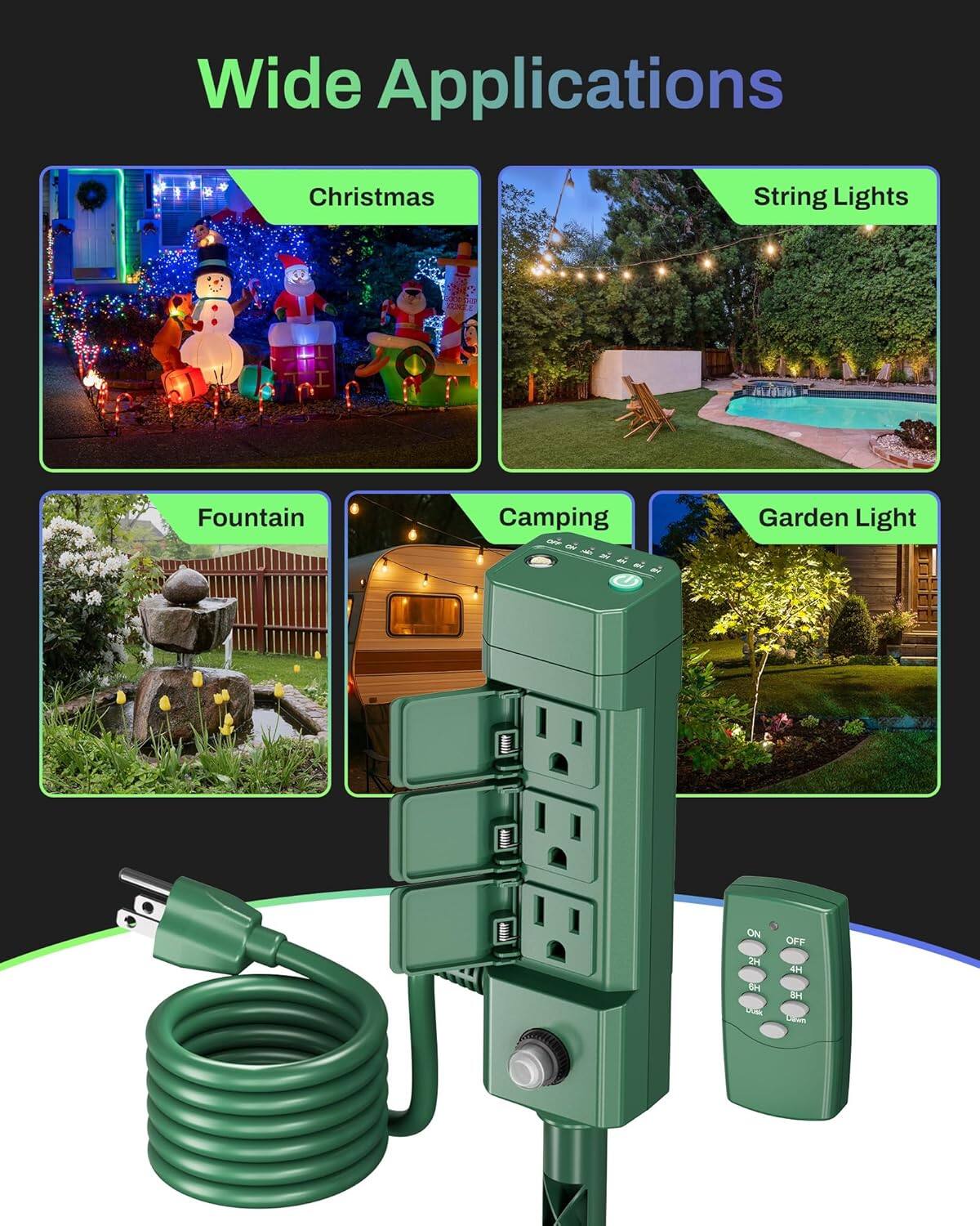Wide Applications  
Christmas  
String Lights  
Fountain  
Camping  
Garden Light