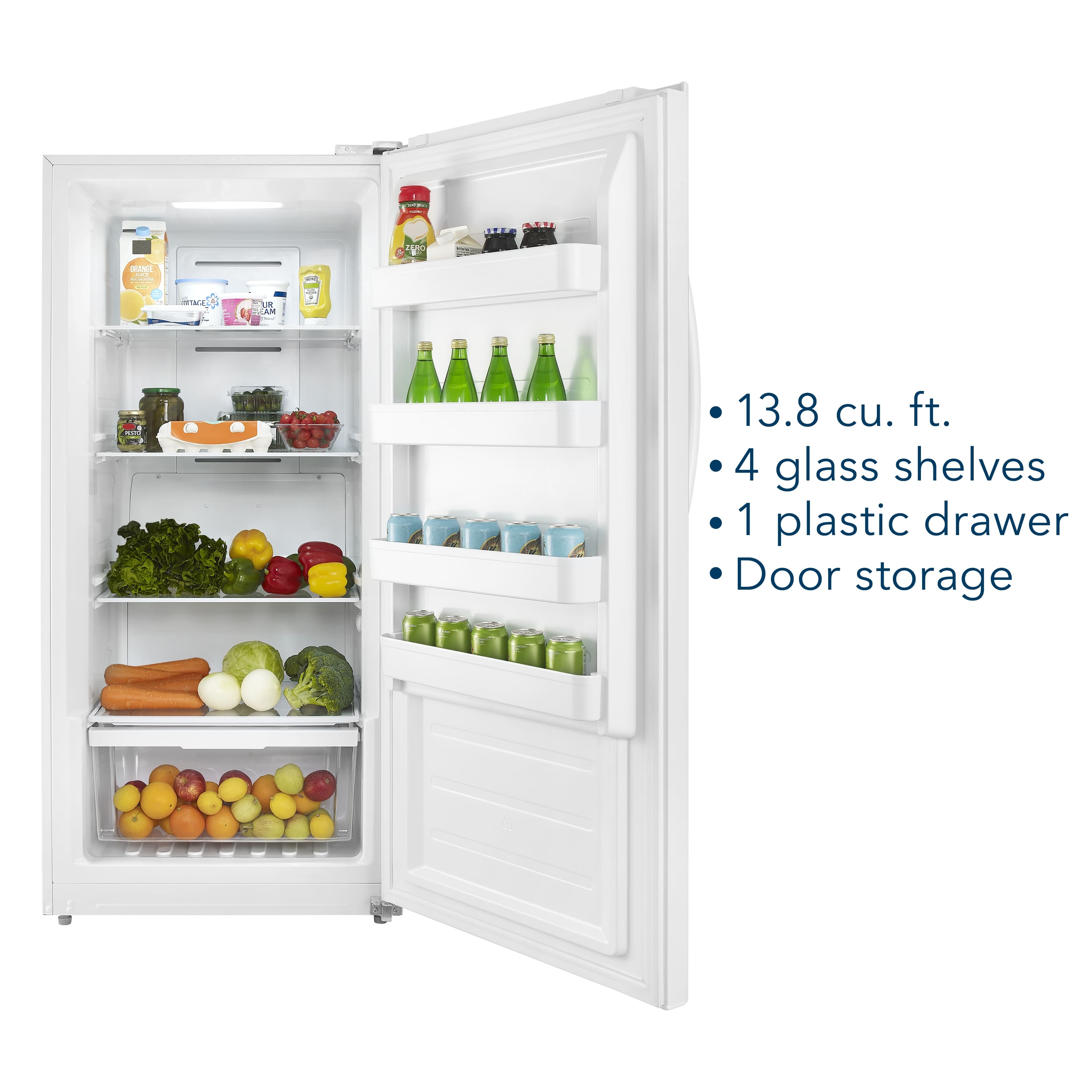 The text on the image reads: "13.8 cu. ft. 4 glass shelves 1 plastic drawer Door storage."