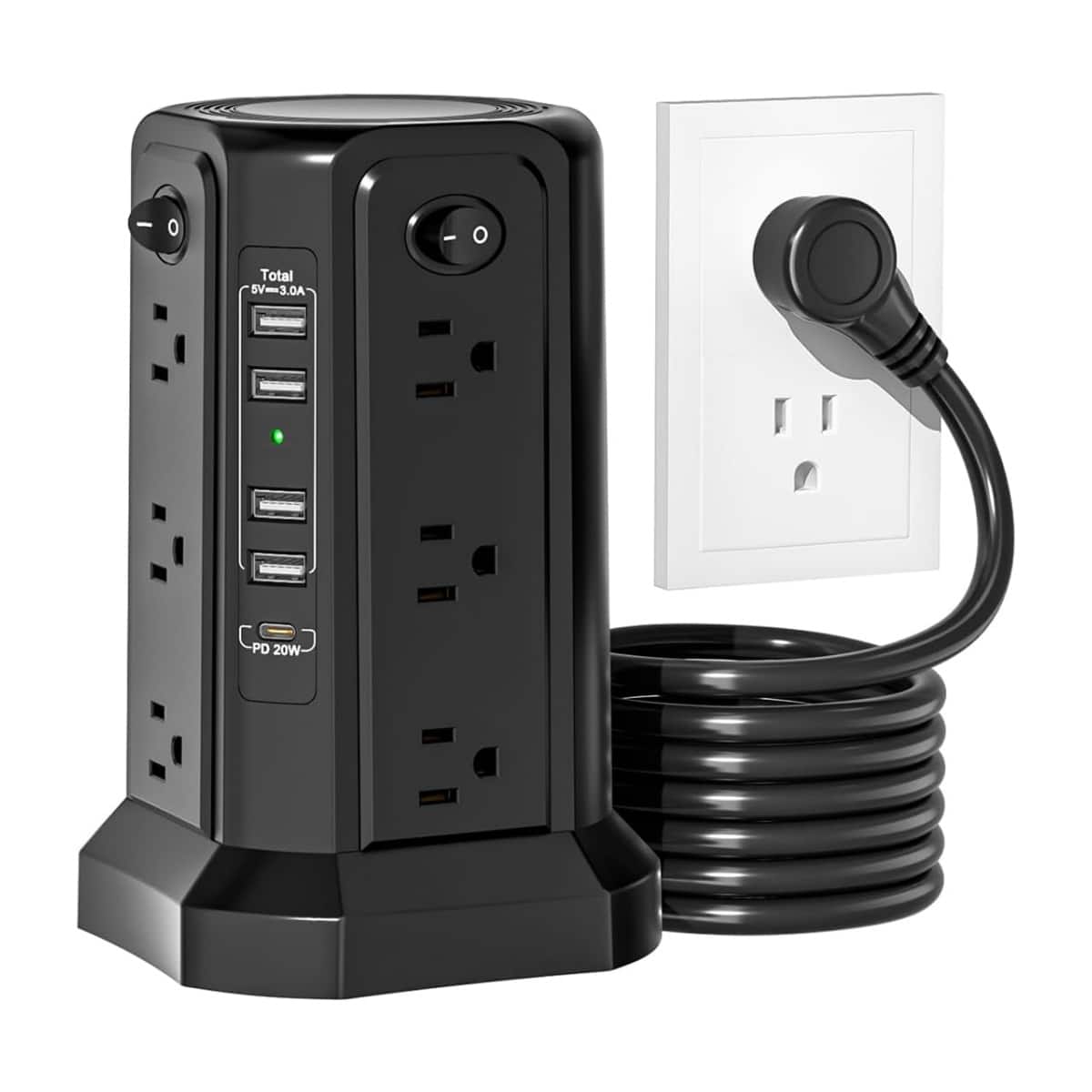 Dazzed Corner - Surge Protector Power Strip Tower, 12 AC Outlets, 4 USB-A, 10ft Cord - Black