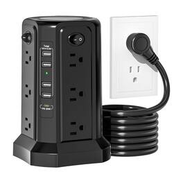 Dazzed Corner - Surge Protector Power Strip Tower, 12 AC Outlets, 4 USB-A, 10ft Cord - Black
