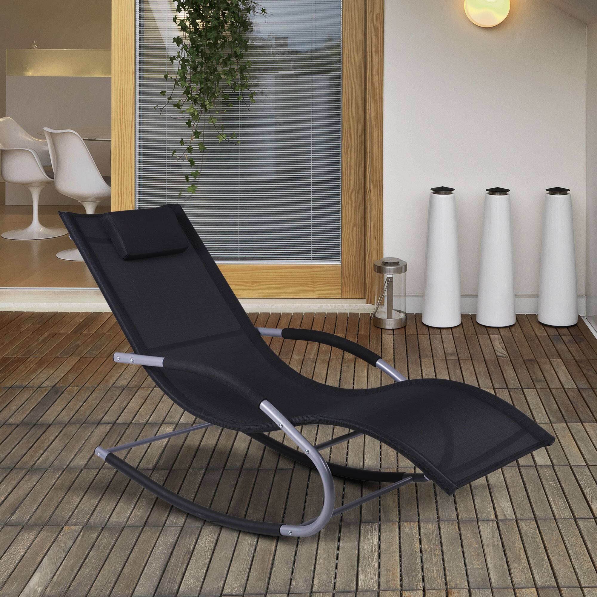 Angle. Outsunny - Zero Gravity Rocking Chair Outdoor Chaise Lounge Chair Recliner Rocker with Detachable Pillow - Black.