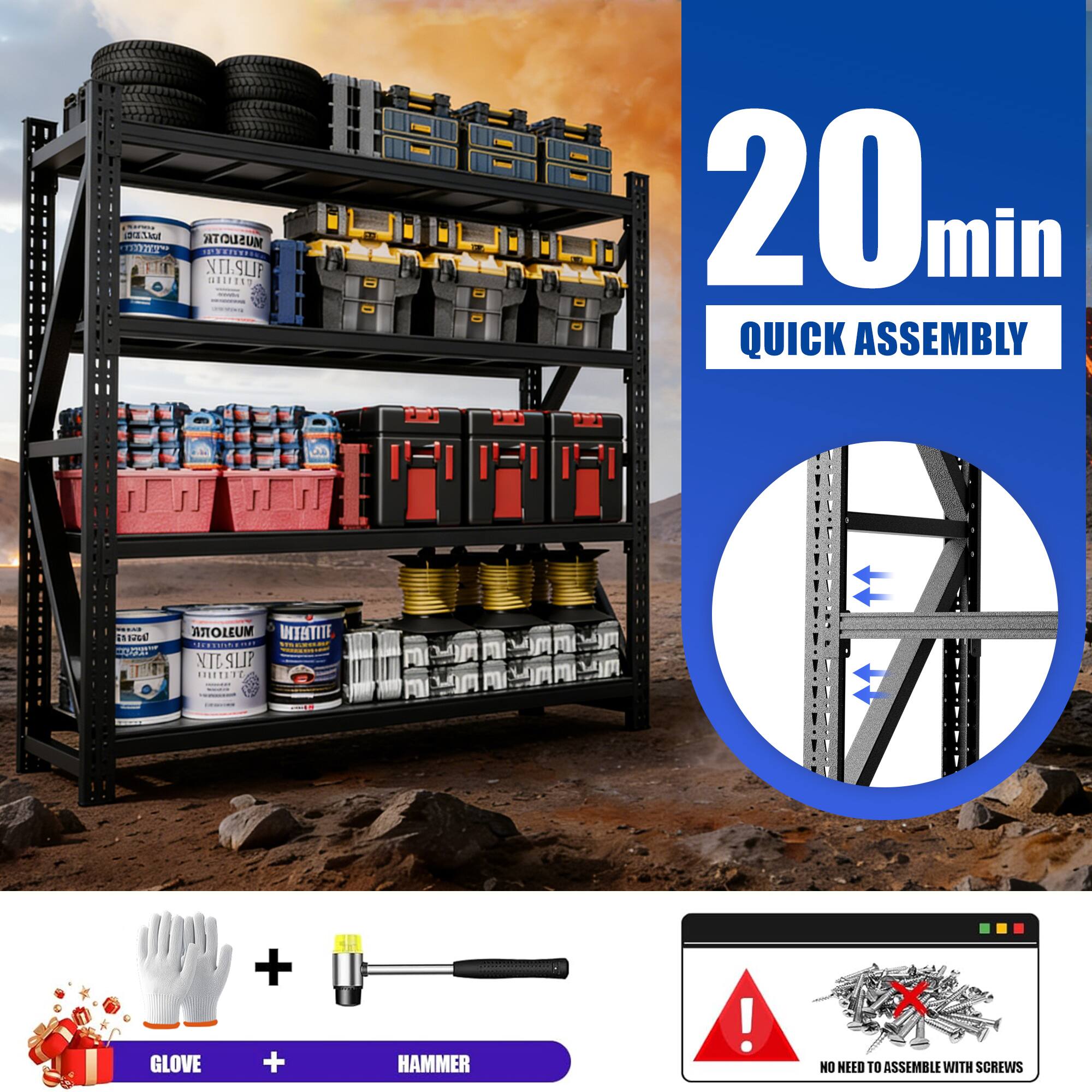 SS MT MUSUOTR . PROtE NTI.SLIE .ELTTED  
20 min QUICK ASSEMBLY  
11200  
ASTOLEUM UEBTITE .... NSN ME SLIPJTY  
*TEE GLOVE + + HAMMER !  
X NO NEED TO ASSEMBLE WITH SCREWS