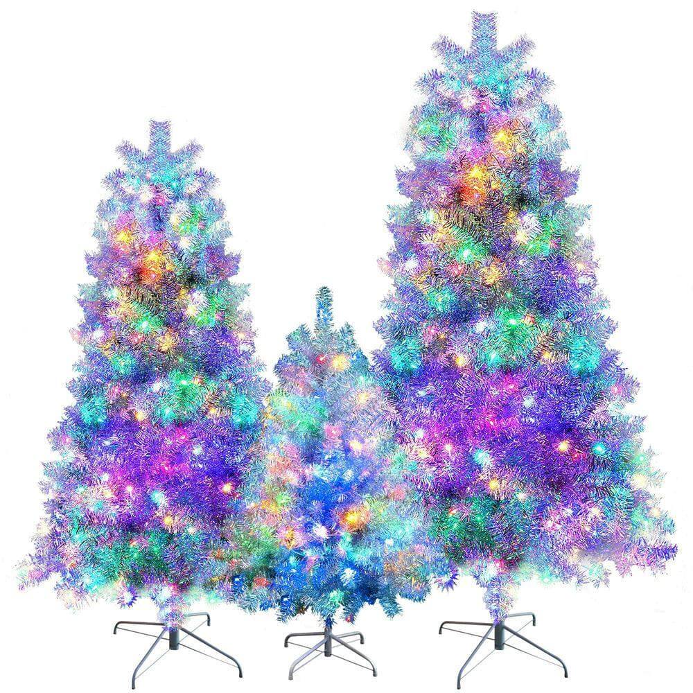 Alt View 5. Resenkos - 3-Piece Pre-Lit Christmas Tree Set with a Total of 850 LED Lights and 11 Lighting Modes, Silver - Silver.