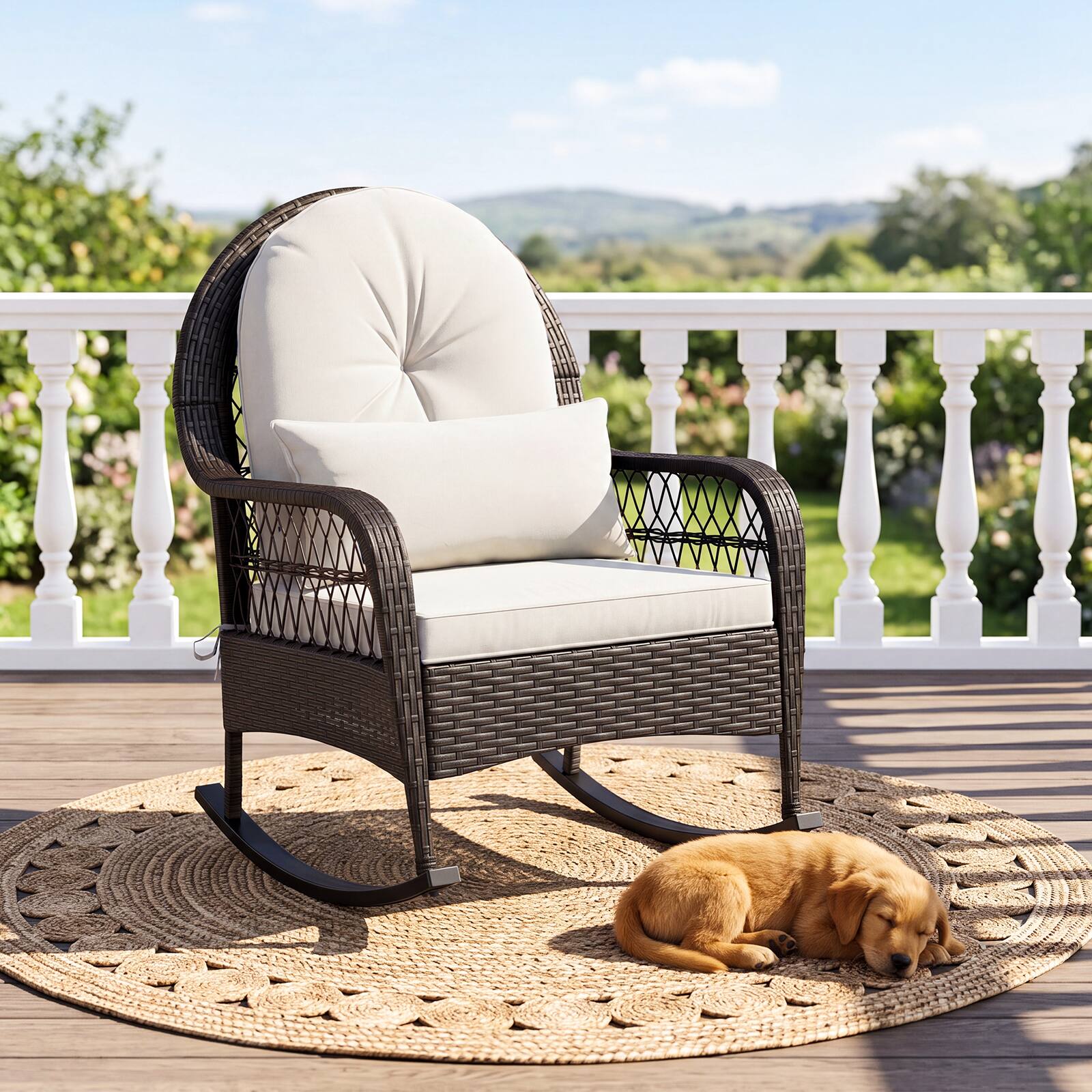 Alt View 1. Gymax - Gymax Patio Wicker Rocking Chair w/ White Seat Cushions & Lumbar Pillow Porch - White.