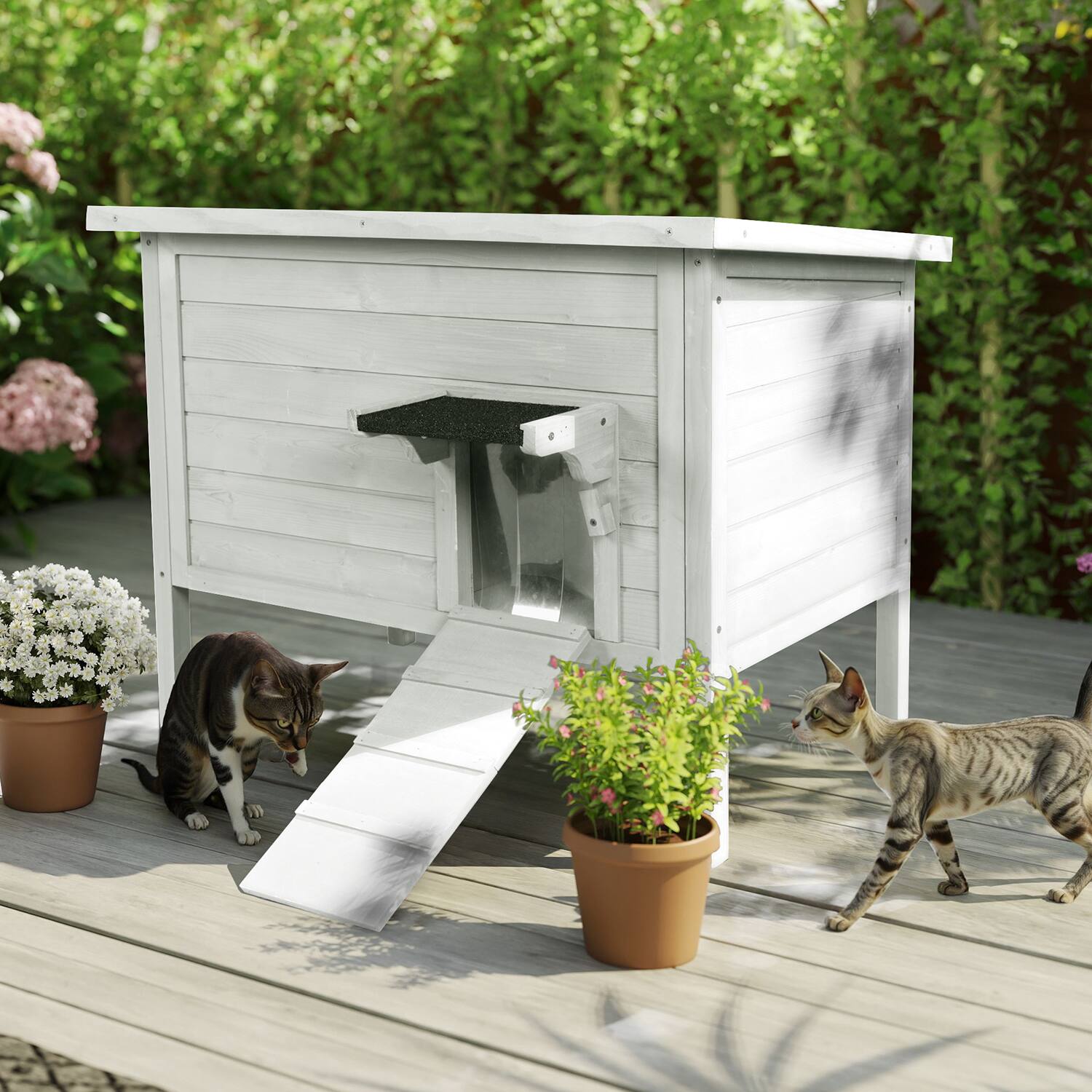 Alt View 2. FODINGHILL - Insulated Outdoor Cat House for Multiple Pets, Weatherproof Wood Shelter with Foldable Ladder & Acrylic Window, White.
