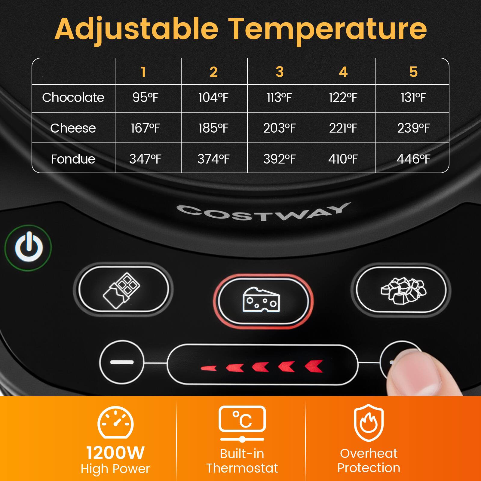 Adjustable Temperature

1 2 3 4 5

Chocolate 95°F 104°F 113°F 122°F 131°F

Cheese 167°F 185°F 203°F 221°F 239°F

Fondue 347°F 374°F 392°F 410°F 446°F

COSTWAY C

1200W High Power

Built-in Thermostat

Overheat Protection