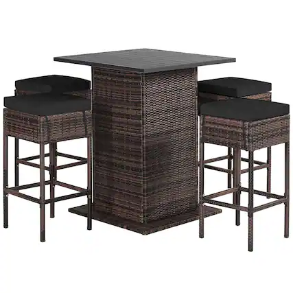 Front. Gymax - Gymax 5PCS Patio Rattan Bar Table Stool Set Hidden Storage Shelf Cushion Red Patio Black - Black.