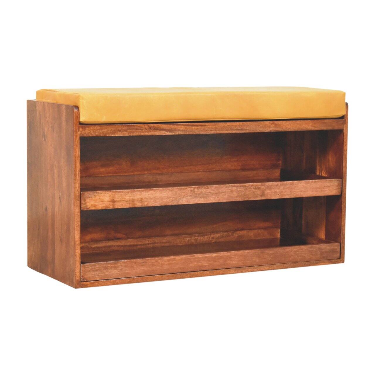 Left. Artisan Furniture - Artisan Furniture Solid Wood Buffalo Hide Pull out Honey Caramel Shoe Storage Bench - Brown and Yellow.