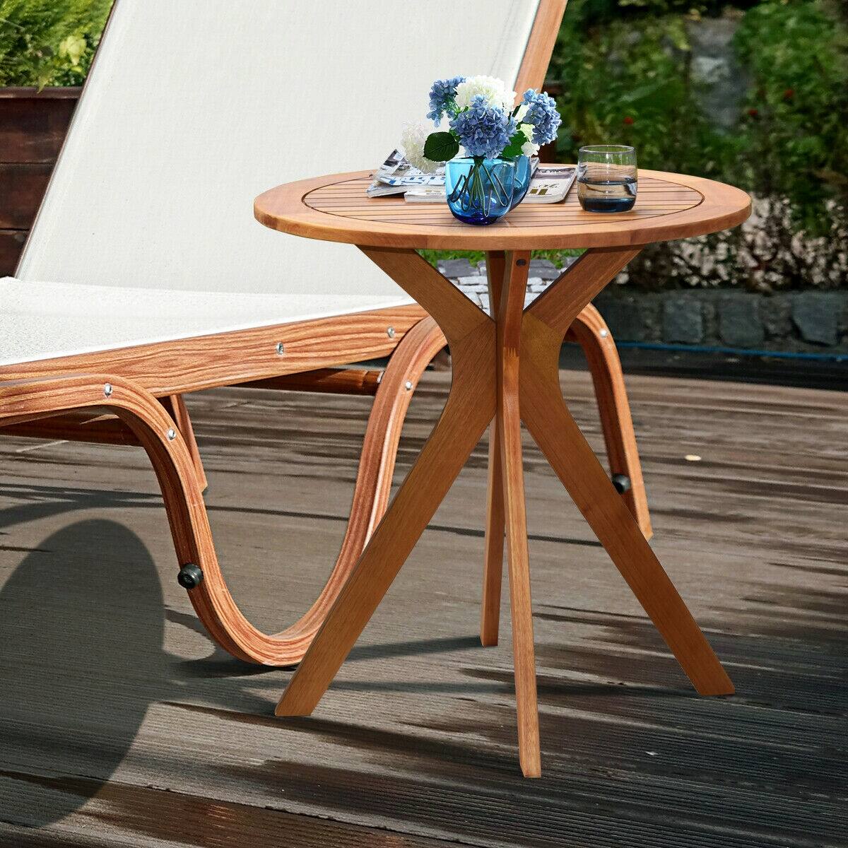 Angle. SlickBlue - Outdoor Round Solid Wood Coffee Table, Small Side Bistro Table - Brown.