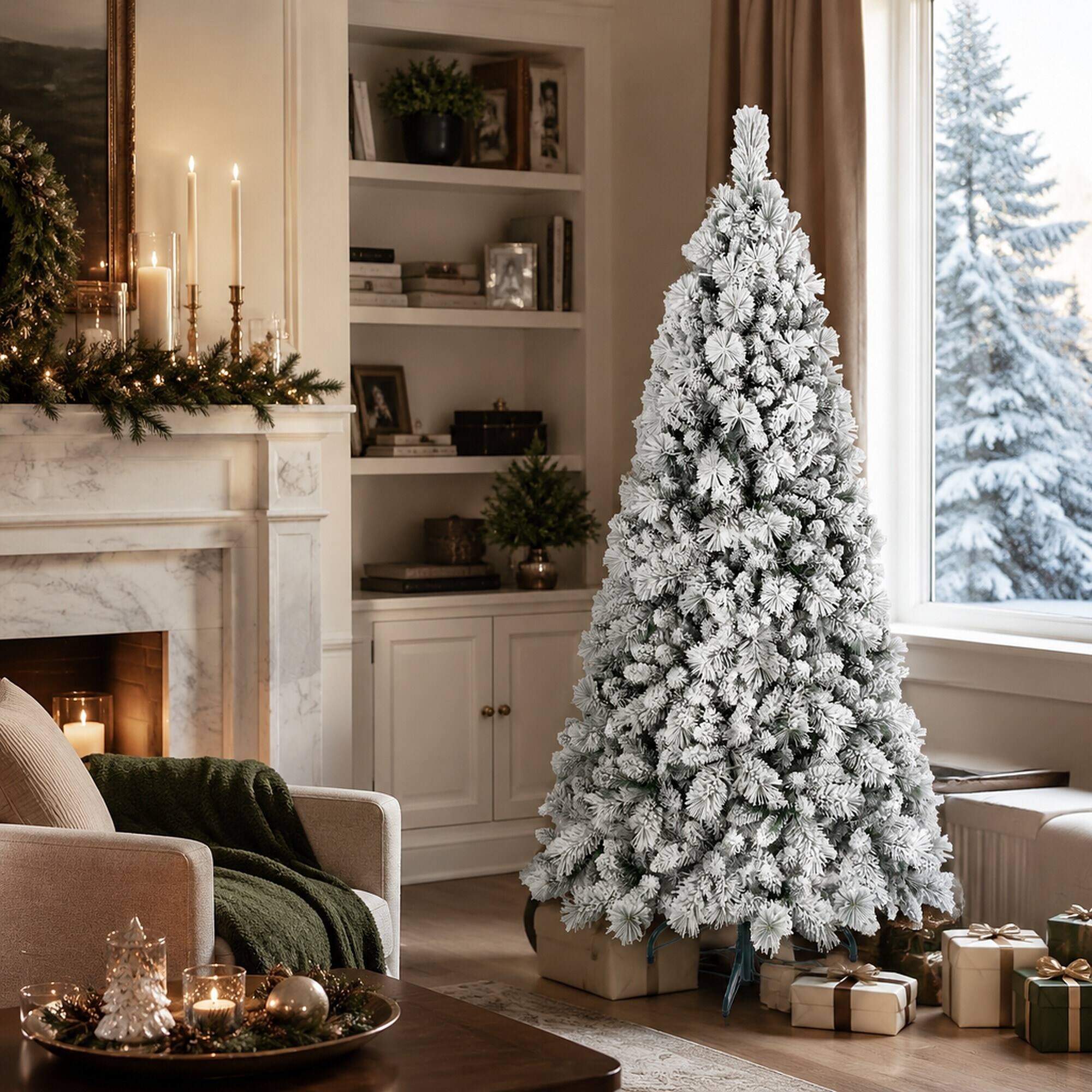 Left. RYHNUYNE - 4FT Flocked Christmas Tree, 350 Snowy PVC Hard Needle Branches Hinged Design Easy Setup Stable Metal Stand - Green,White.