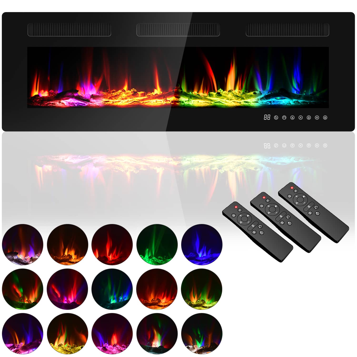 Fehokinch - 50" Electric Fireplace Insert - Recessed or Wall Mounted - 15 Multi-Color Flame Options, 1500W/750W Heater, 12H Timer