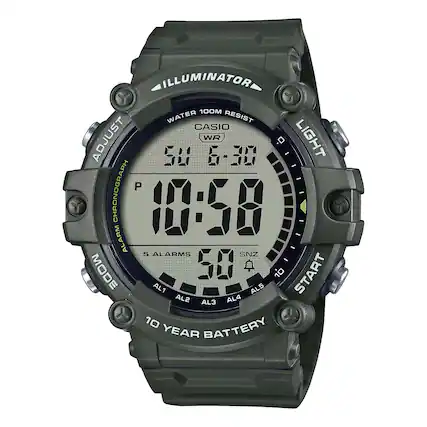 ILLUMINATOR 100M WATER RESIST CASIO ADJUST WR LIGHT 6-10 - 50 - P CHRONOGRAPH 10:58 - ALARM 5 ALARMS SNZ - MODE 50 10 START AL1 AL5 AL2 AL3 AL4 10 YEAR BATTERY