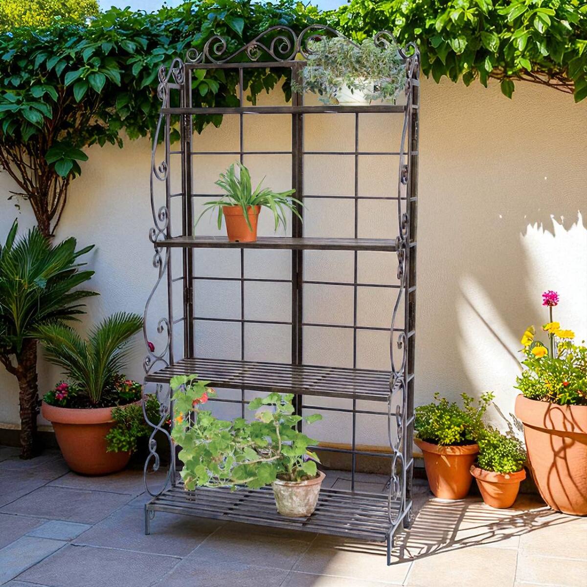 Angle. SlickBlue - Indoor Outdoor Planter Stand with 4 Shelves – Multi-Tier Plant Display Rack for Home or Garden - Black.