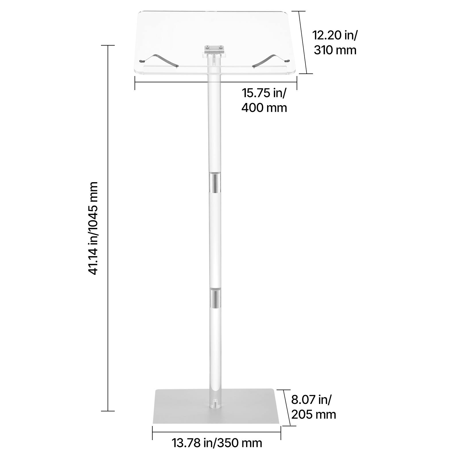 12.20 in / 310 mm  
15.75 in / 400 mm  
41.14 in / 1045 mm  
8.07 in / 205 mm  
13.78 in / 350 mm