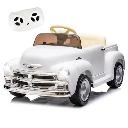 Front. BreeBe - 12V Kids Ride-On Chevrolet 3100 Pickup Truck with Parents Control, 3 Speeds, LED, Bluetooth, USB, Vintage, Age 3+ - White.