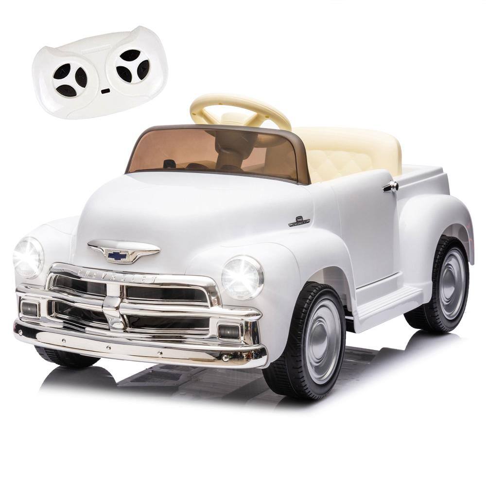 BreeBe - 12V Kids Ride-On Chevrolet 3100 Pickup Truck with Parents Control, 3 Speeds, LED, Bluetooth, USB, Vintage, Age 3+ - White