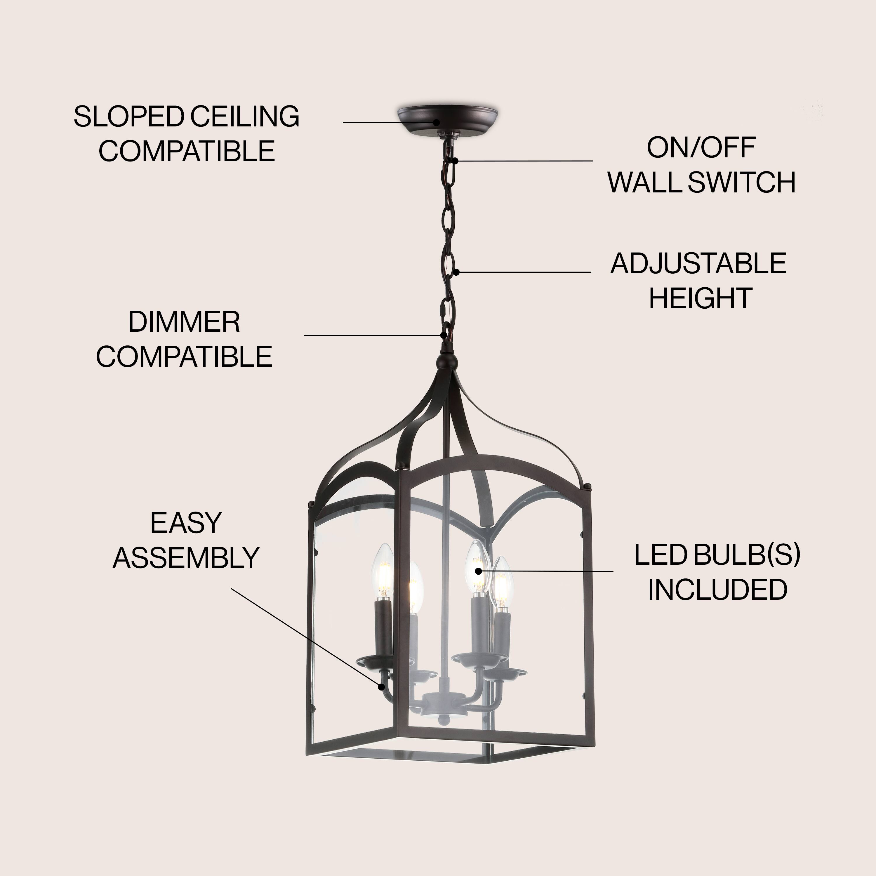 SLOPED CEILING COMPATIBLE  
ON/OFF WALL SWITCH  
DIMMER COMPATIBLE  
ADJUSTABLE HEIGHT  
EASY ASSEMBLY  
LED BULB(S) INCLUDED