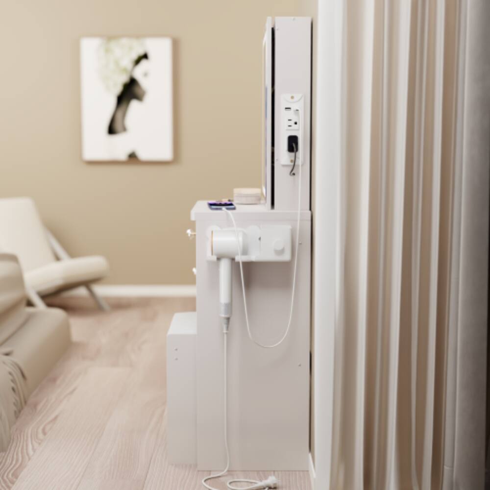 Alt View 4. LUCKY ONE - 29.2in Small Vanity Set with Touch Control LED Sliding Mirror, 2AC+USB+TypeC, Hair Dryer Stand and Stool - White.
