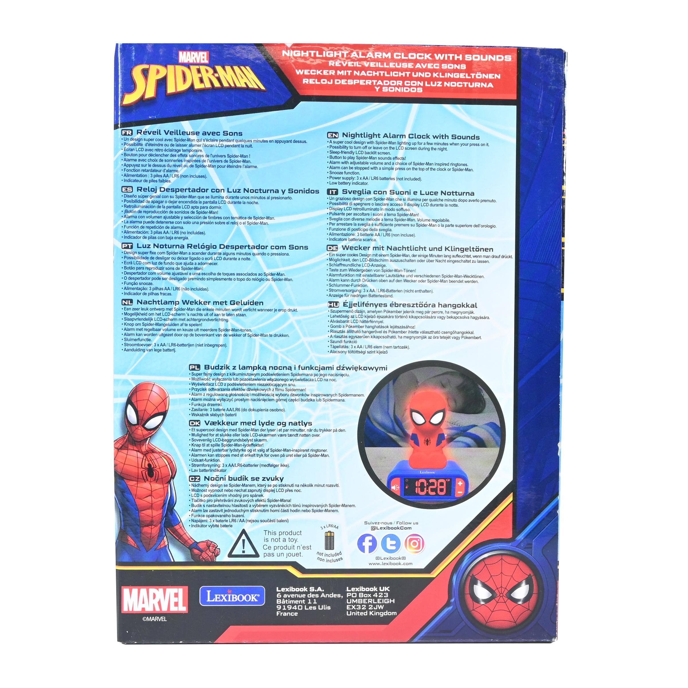MARVEL NIGHTLIGHT ALARM CLOCK WITH SOUNDS  
REVEIL VEILLEUSE AVEC SONS  
WECKER MIT NACHTLICHT UND KLINGELTEN  
RELOJ DESPERTADOR CON LUZ NOCTURNA Y SONIDOS  

Rveil Veilleuse avec Sons design COOL JVK 5  
Nightlight Alarm Clock with Sounds super design for your Possibility during night.  
sounds de univers with volume and mipined entrich Alam Fonction stopped single to be Spide Snoces tndor, included), boks LOW Relaj Despertador con Luz Nocturna Sonidos Sveglia con Suoni 9 Luce con t durants SAAK grazioso x qualche dopic spugar Possbiti Display UCD  
> Pubarts - ajustable de tmbres alamy Spider de pelicin  
promuto arologic  
noexdor de energia Luz Noturna Relgio Despertador com Sons acender quando de agado  
Wecker mit Nachtlicht und Klingeltnen 20 anige drout Lassen  
desligada  
le  
Nachtlamp Wekker met Geluiden onlwerp de  
Eijelif