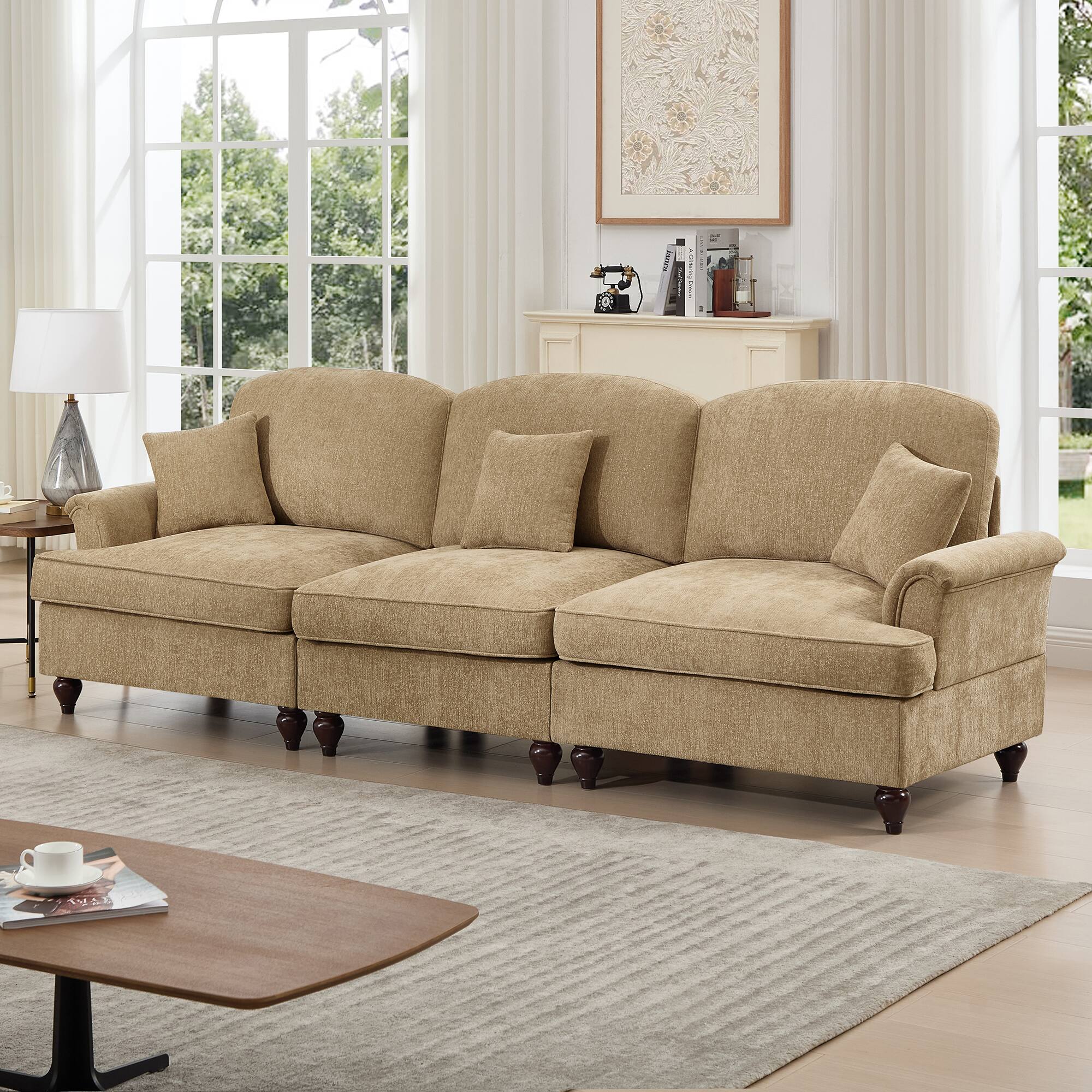 Angle. Anysun - Mid-Century Chenille 3-Seat Sofa - Flared Arms, Ruffled Skirt & Spindle Legs for Living Room - Coffee.