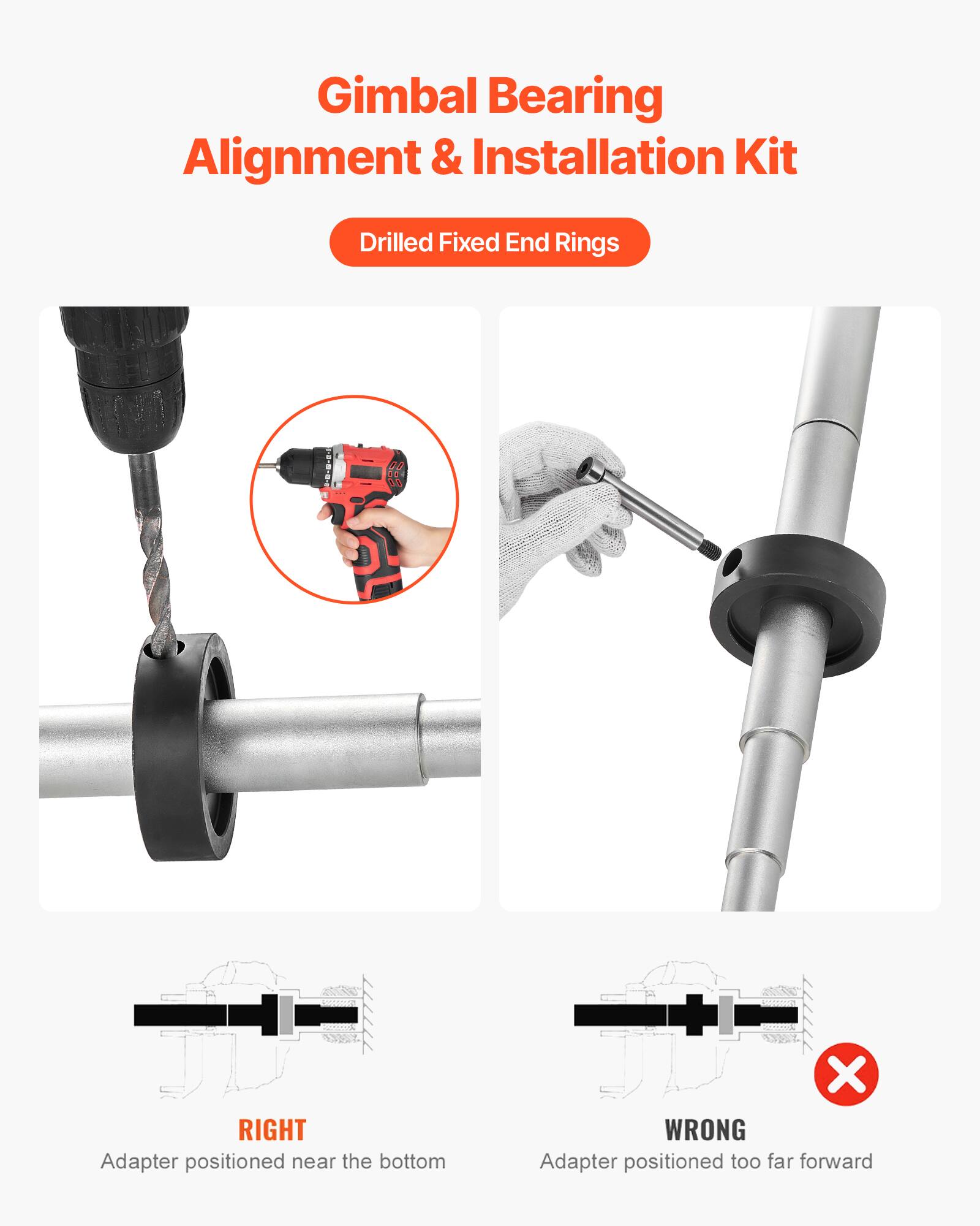 Gimbal Bearing Alignment & Installation Kit  
Drilled Fixed End Rings  

RIGHT  
Adapter positioned near the bottom  

WRONG  
Adapter positioned too far forward