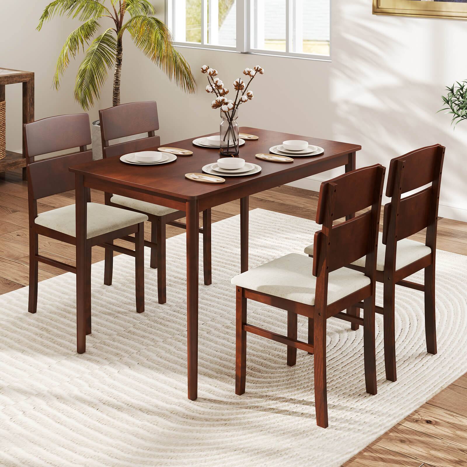 Alt View 1. Costway - Costway 5 PCS Dining Table Set for 4 Farmhouse Wooden Table & 4 Upholstered Chairs - Brown.