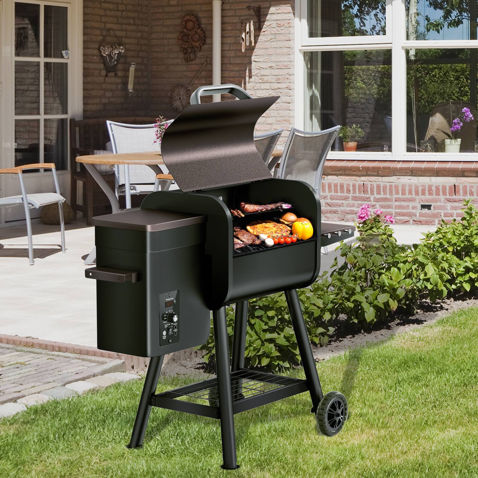 KingChii 456 Sq. In. Pellet Grill and Smoker with Side Shelf and